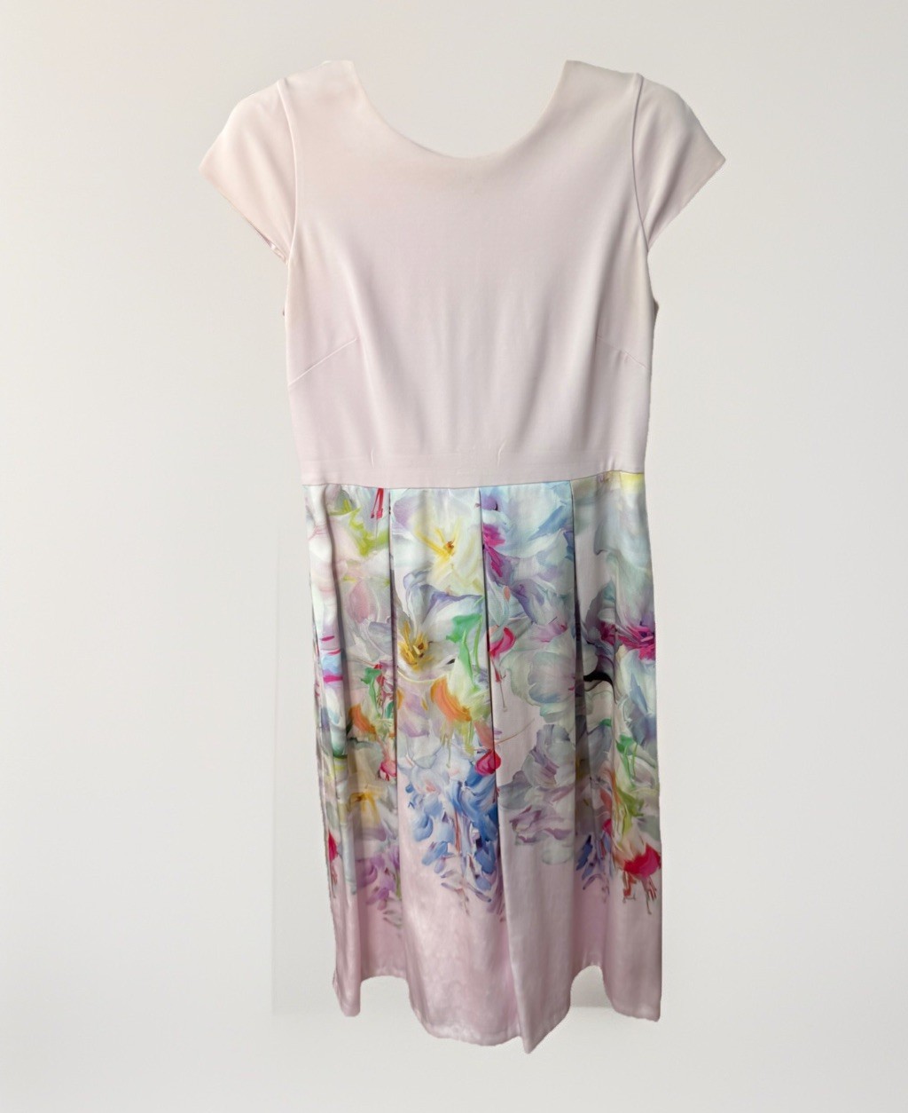 Ted Baker Pink Floral Satin A-Line Knee Dress Cap Sleeve Zip Back Lined 2