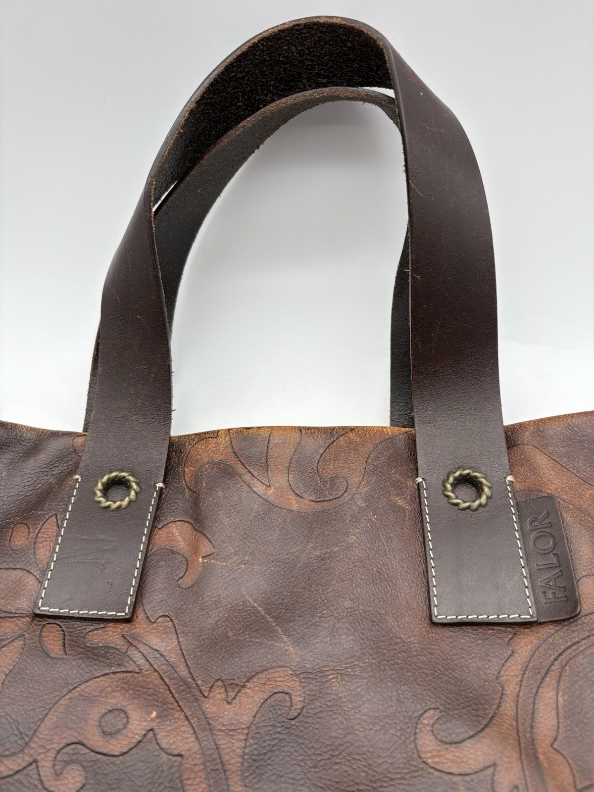 FALOR Italy Tote Bag, Tan Brown Leather Embossed Paisley Large Bag, 16″ x 16″