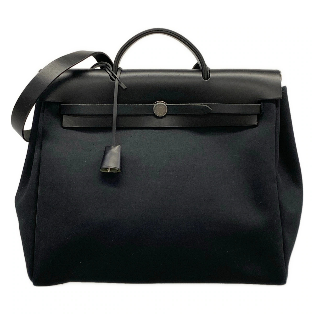 HERMES Her Bag MM Black Toile Officier Leather Square D Handbag