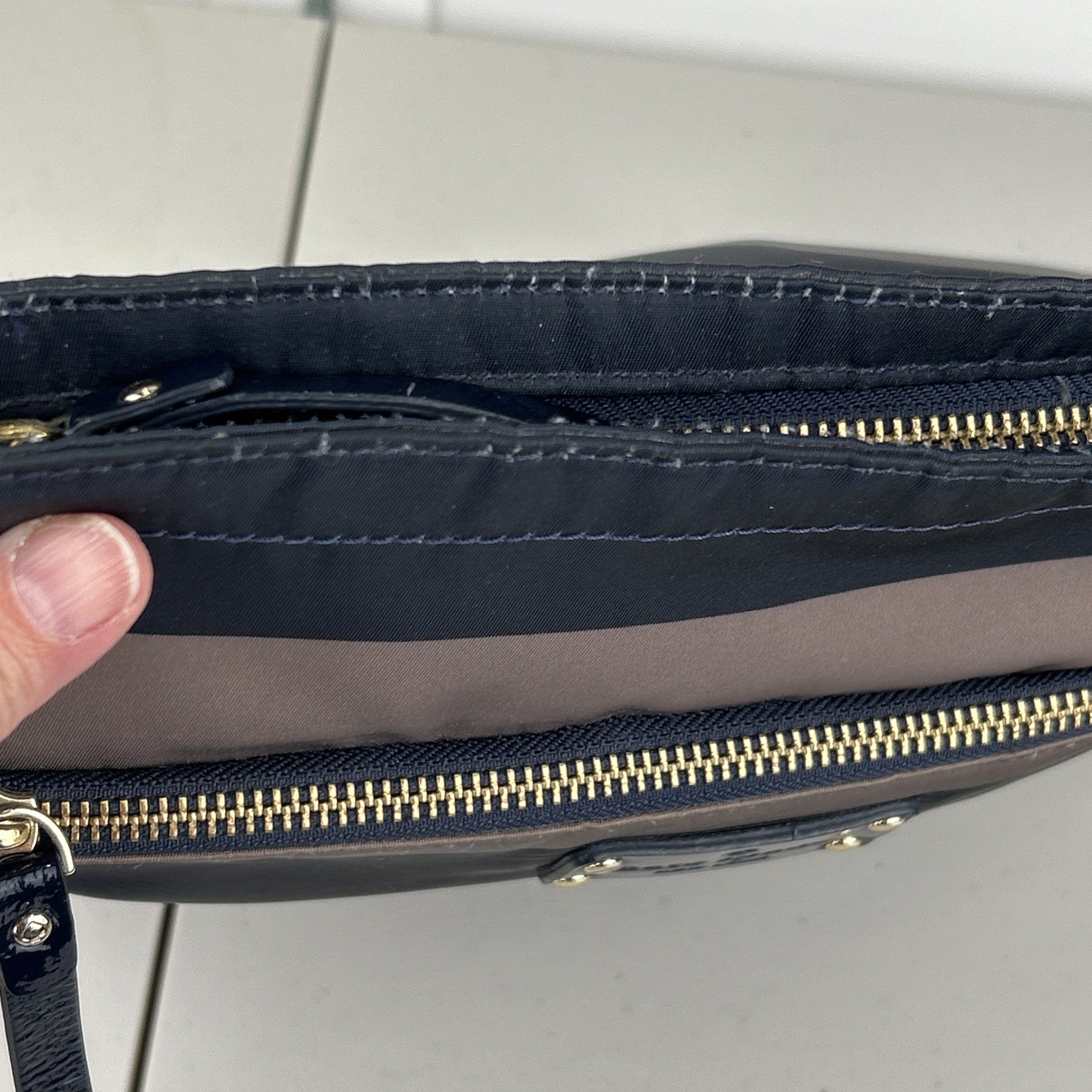 Kate Spade Nylon Crossbody Purse Navy & Taupe with Navy Leather Adjustable Strap