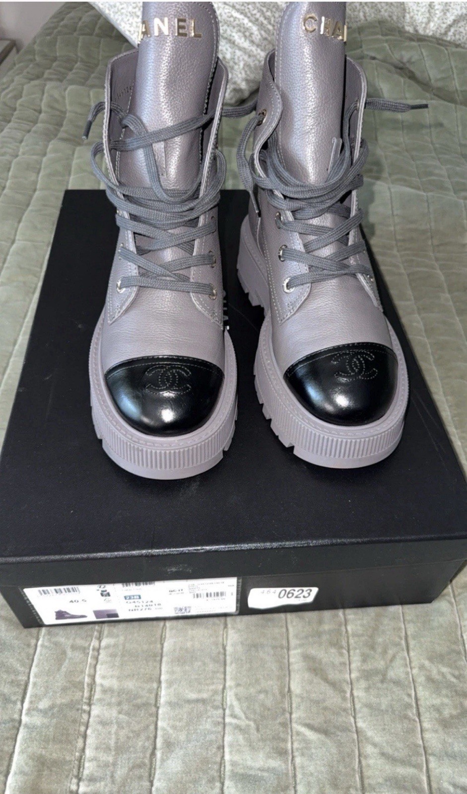 NEW Ultimate CHANEL Gray & Black Lace-Up Leather Combat Boots LOGOS CC Sz 40.5