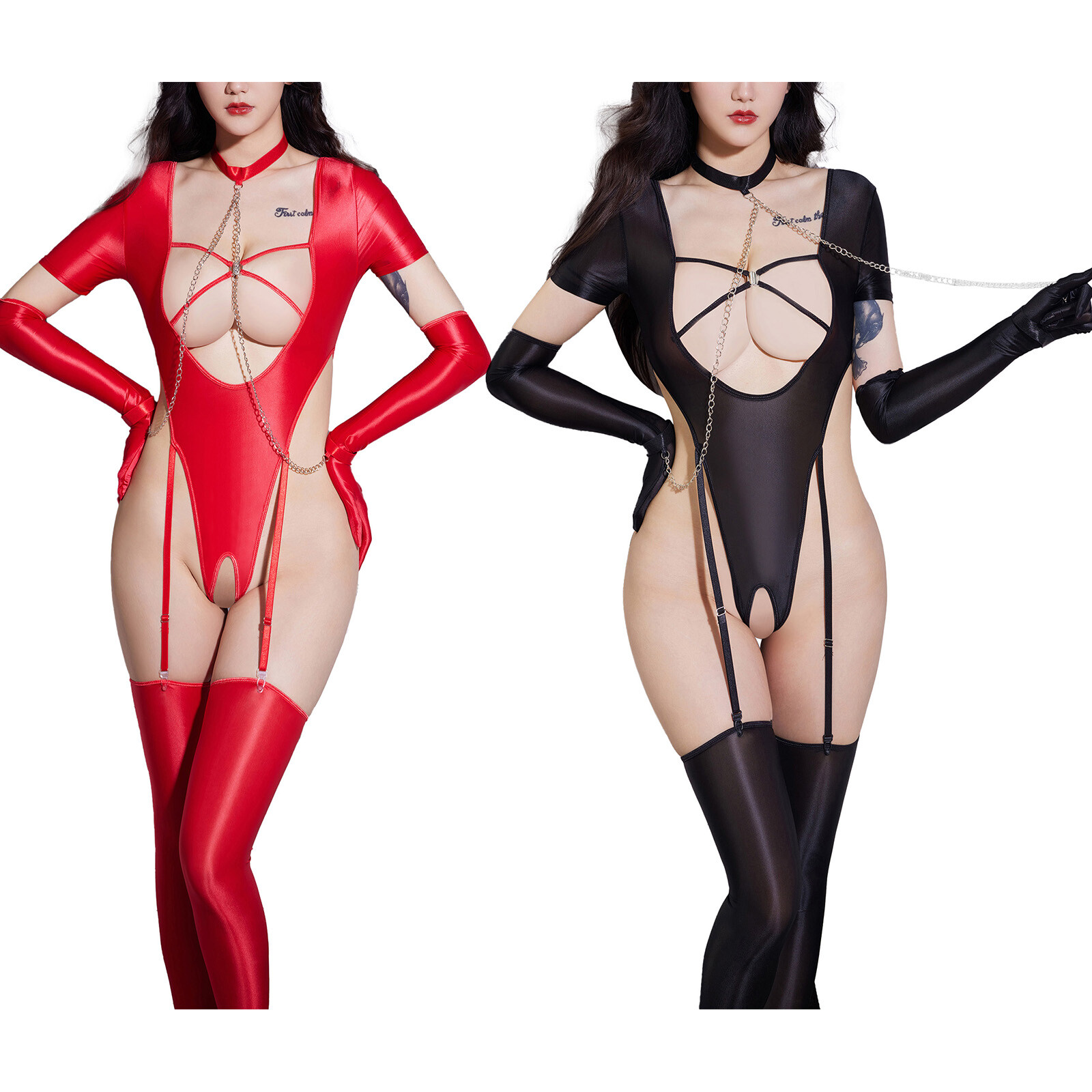 Women’s Bodysuit Glossy Deep U Neck Short Sleeve Open Crotch High Cut Leotard