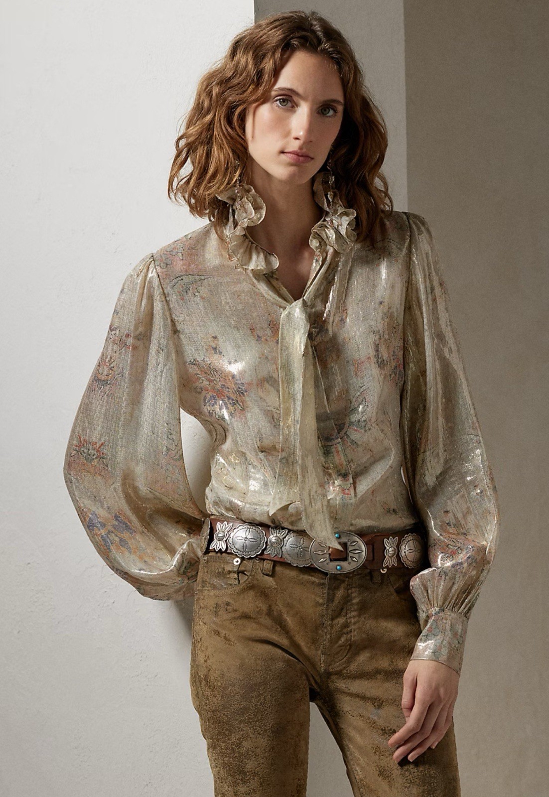 Ralph Lauren Collection Puff Sleeve Blouse Lurex Dress Shirt Tie Neck Silk 10 M