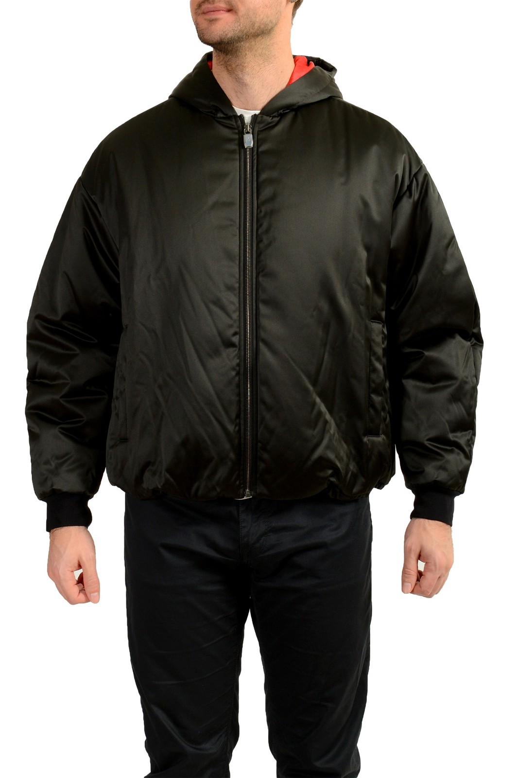 Scuderia Ferrari Men’s Black Fluid Satin Padded Hooded Bomber Jacket US S IT 48