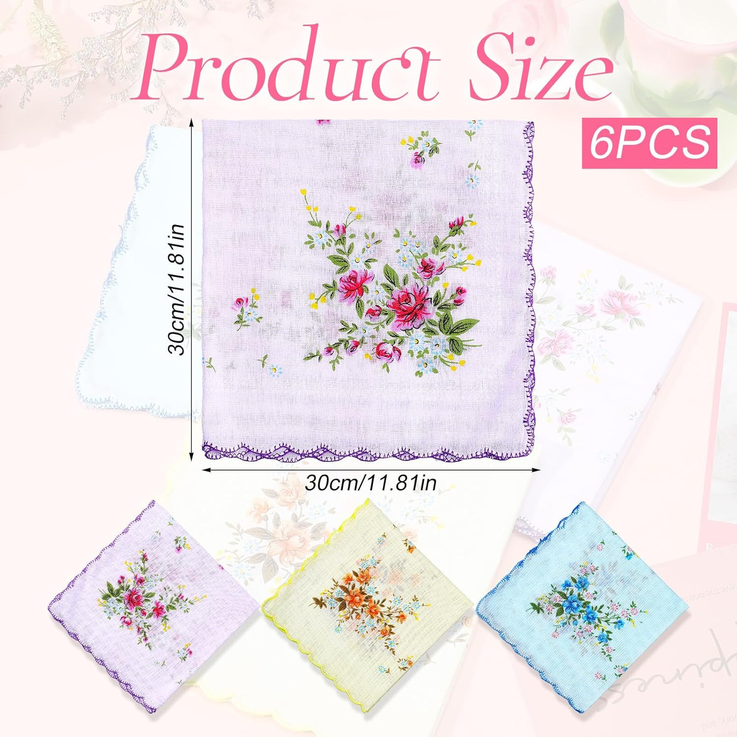 6 Pcs Womens Handkerchiefs Cotton Soft Vintage Floral Embroidered Hankies Organi