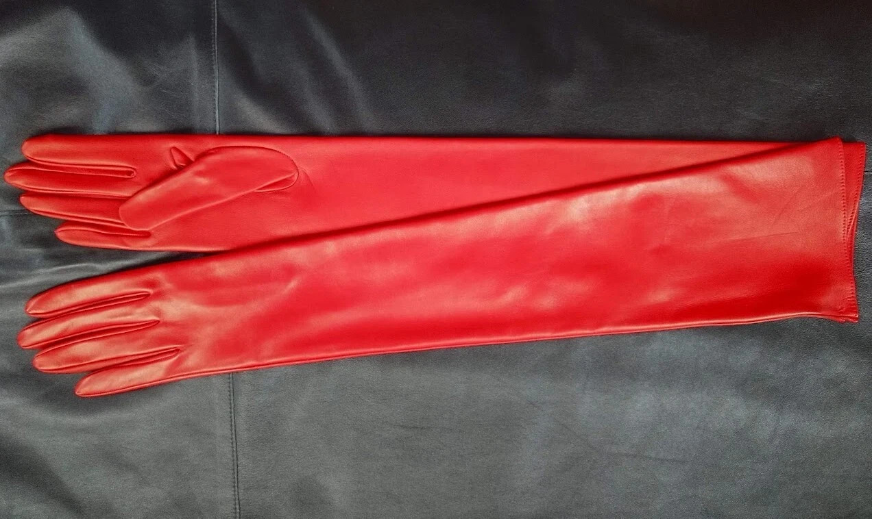 23″ LONG – SIZE 7.5 RED KID Leather Gloves Unlined ITALY – EVENT ROMANTIC FORMAL