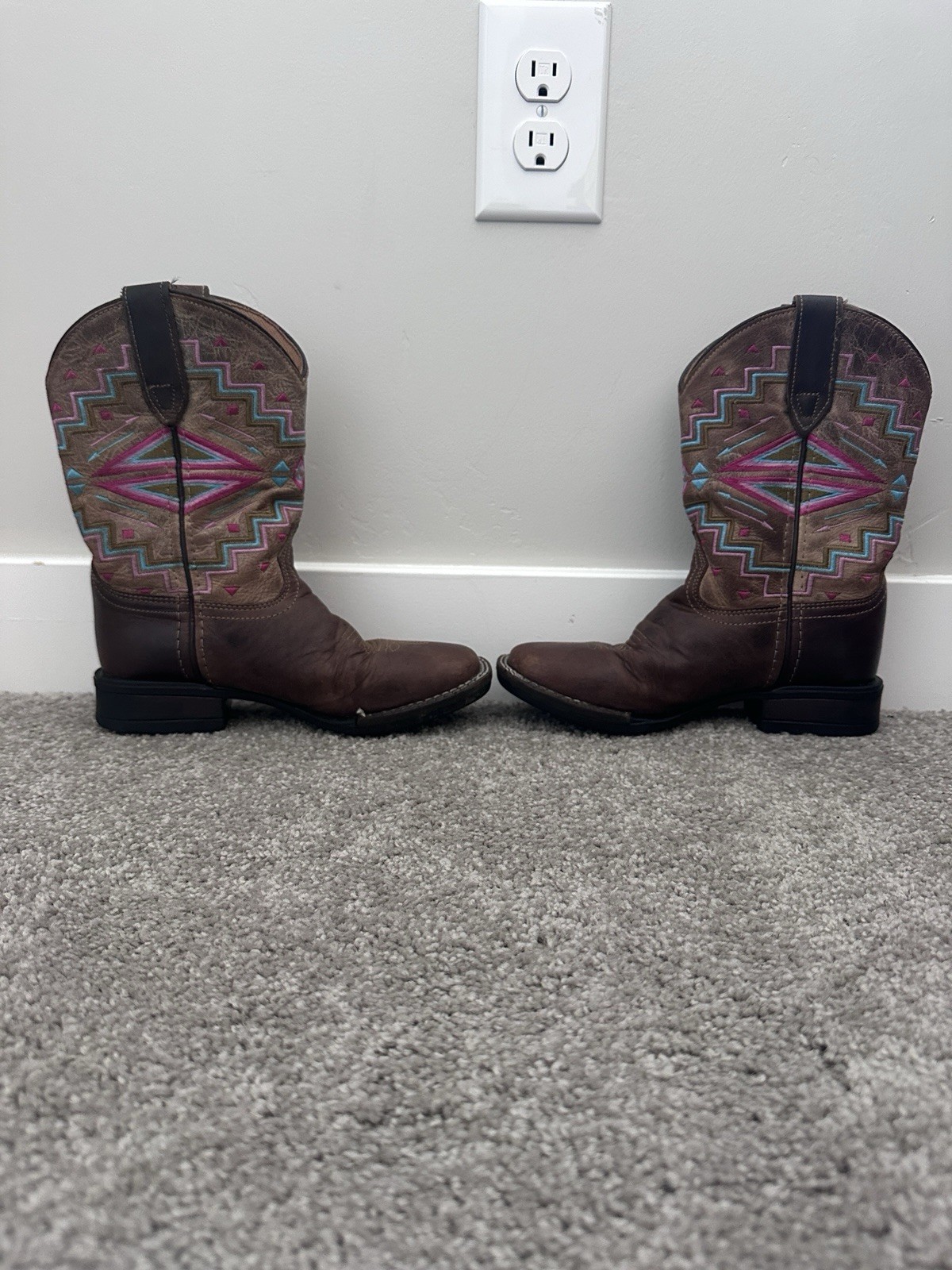 Roper Little Kids Cowboy Boots Size 2 Brown Leather Pink Aztec Western Girls