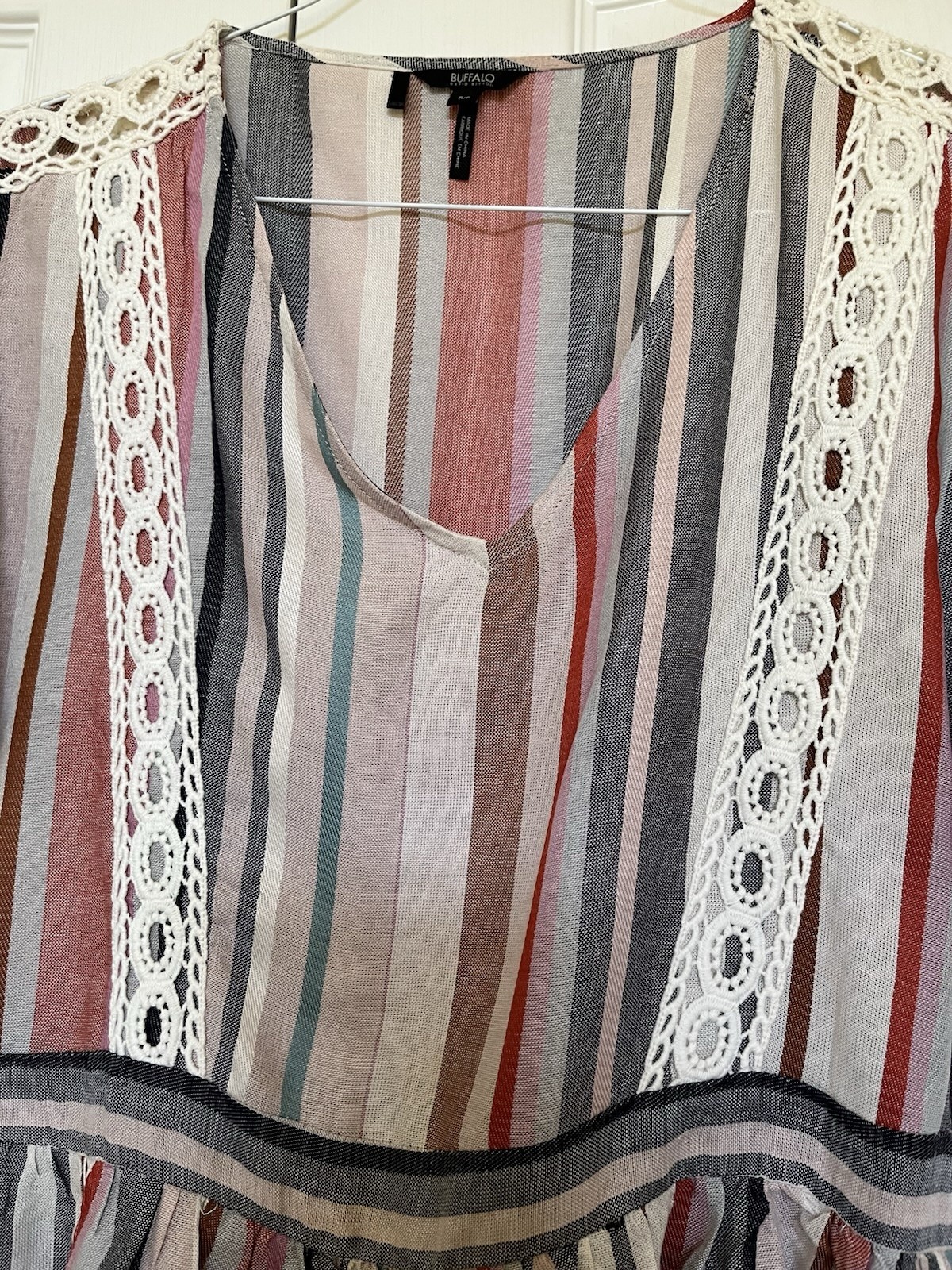 Buffalo David Bitton Womens Striped V-Neck Short Sleeve Lace Blouse S