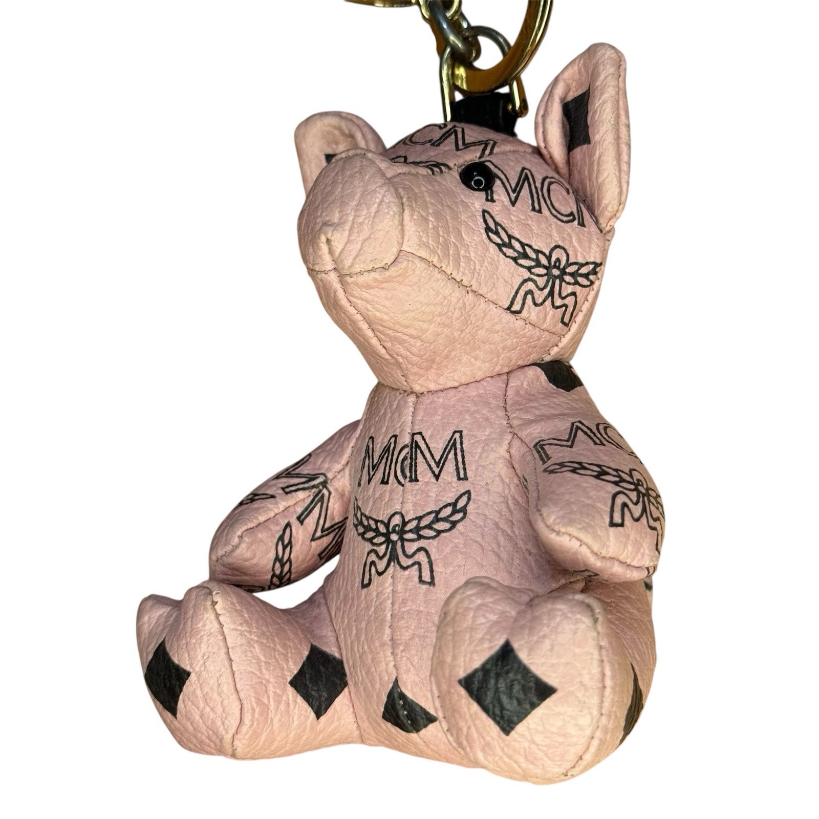 MCM Pink Leather Pig Key Chain Bag Charm Clip, Logo Pattern, Gold Tone