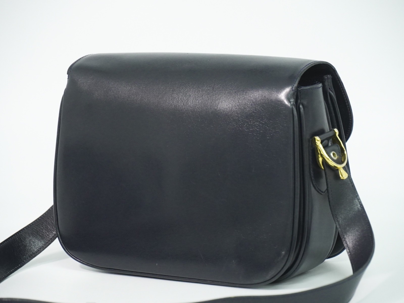 CELINE Horse Carriage Hardware Leather Shoulder Bag Navy Gold