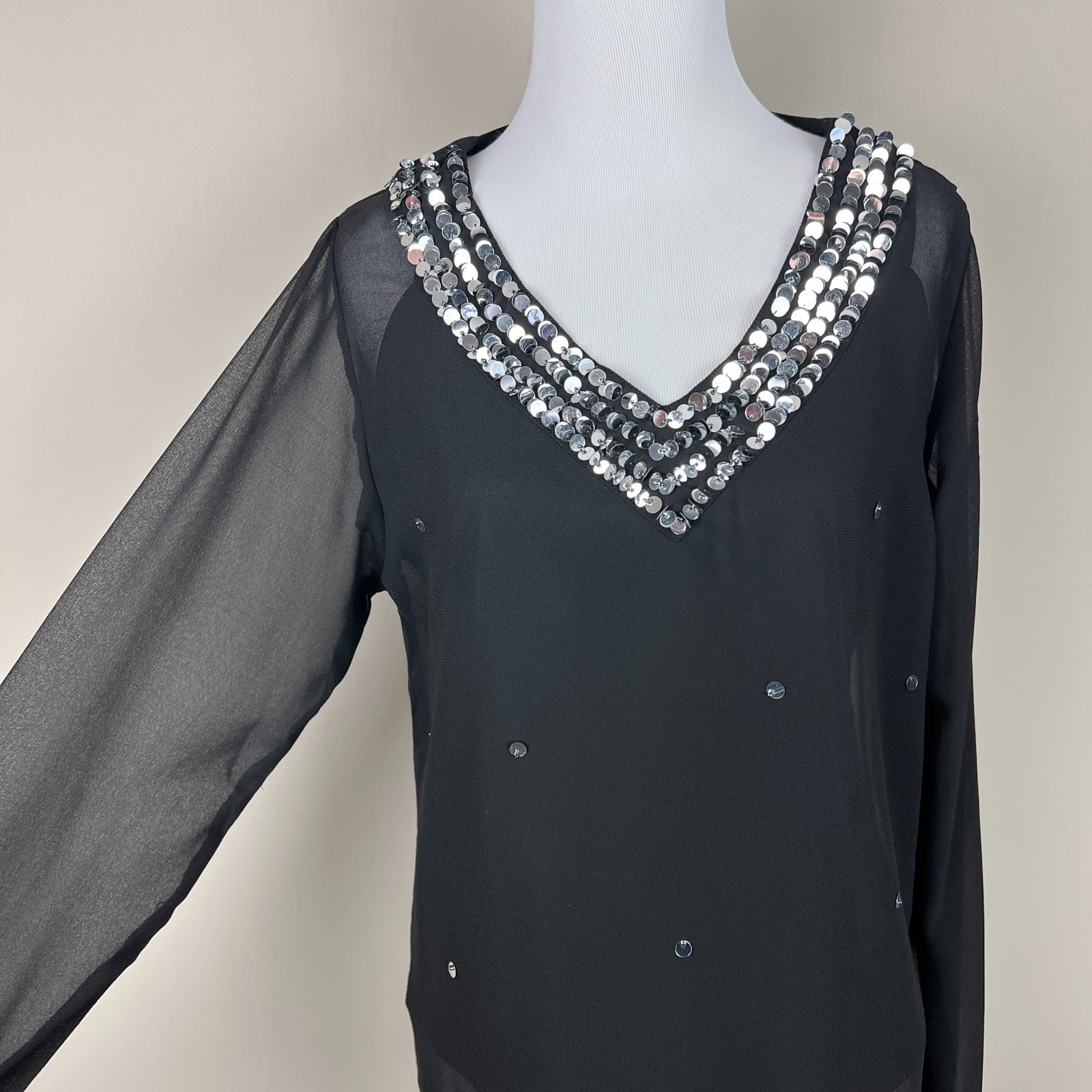 Cervelle Whimsigoth Tunic Top Womens Small Black Semi Sheer Sequin Trim Lined S