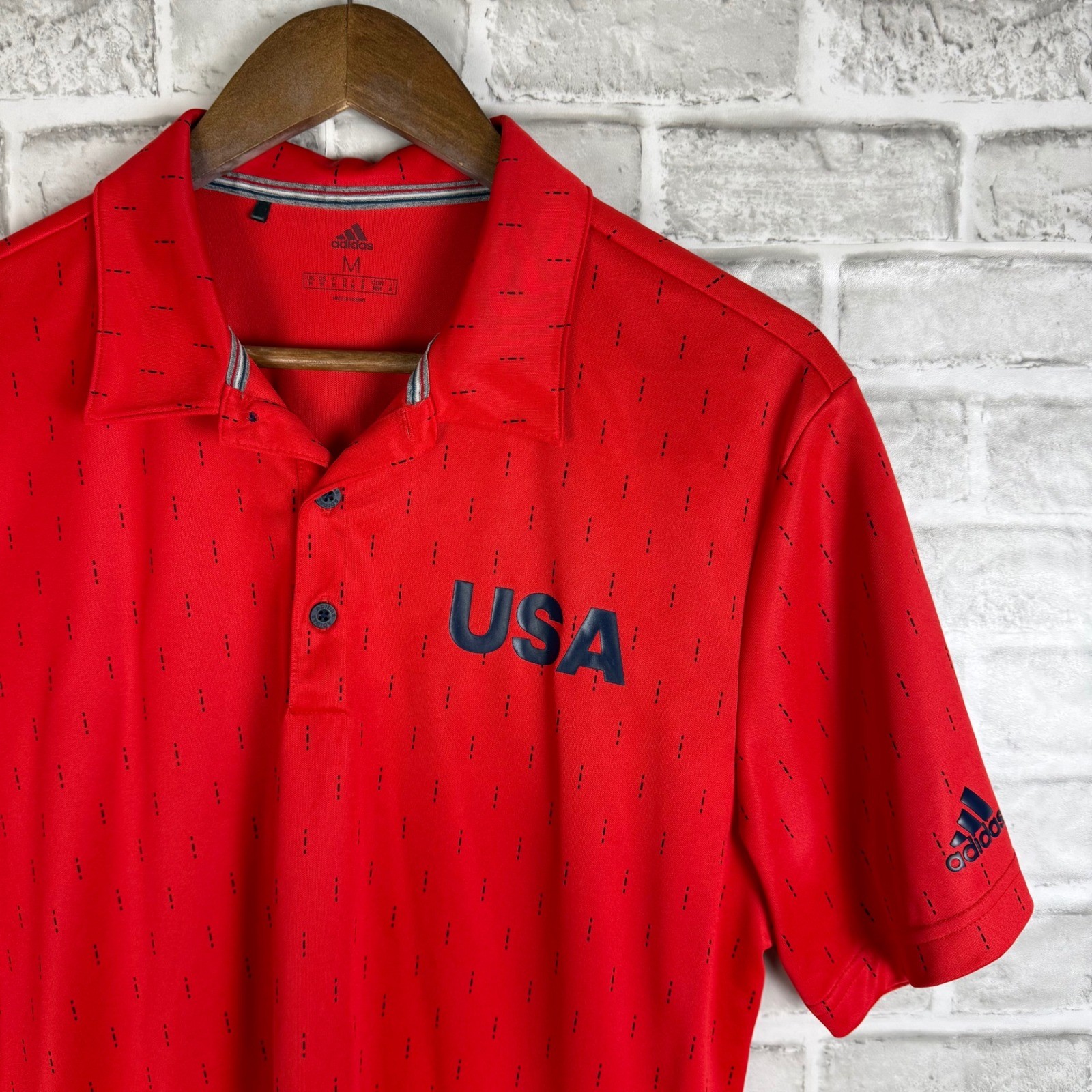 Adidas USA Golf Polo Shirt Mens Medium Red Performance Short Sleeve Dash AOP