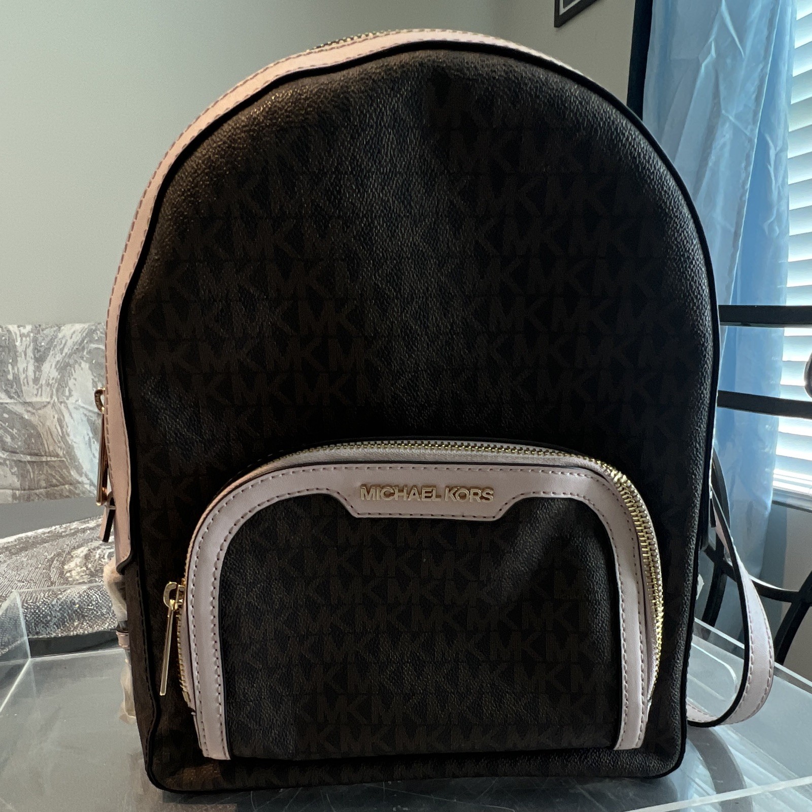 Michael Kors Jaycee Medium Backpack Zip Closure Outer Pockets Brown/Blush Gold
