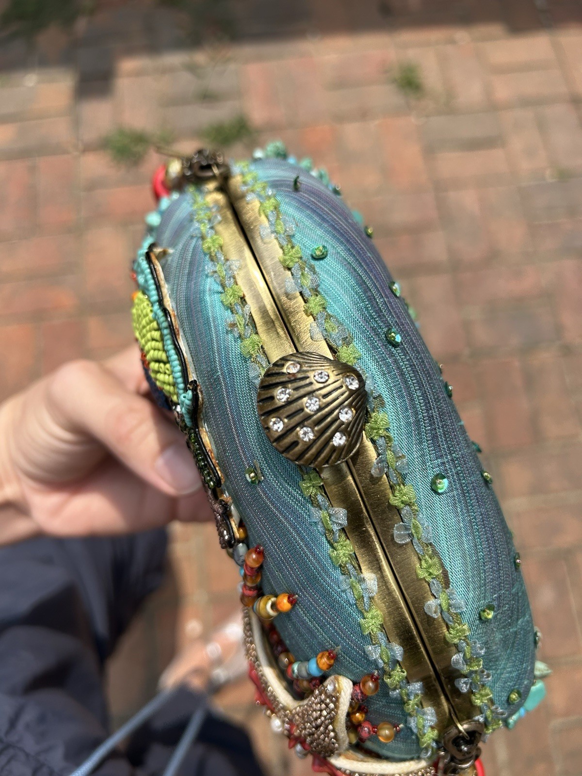 Mary Frances Blue Beaded Embroidered Sea Life Kiss Lock Clutch w/ Strap