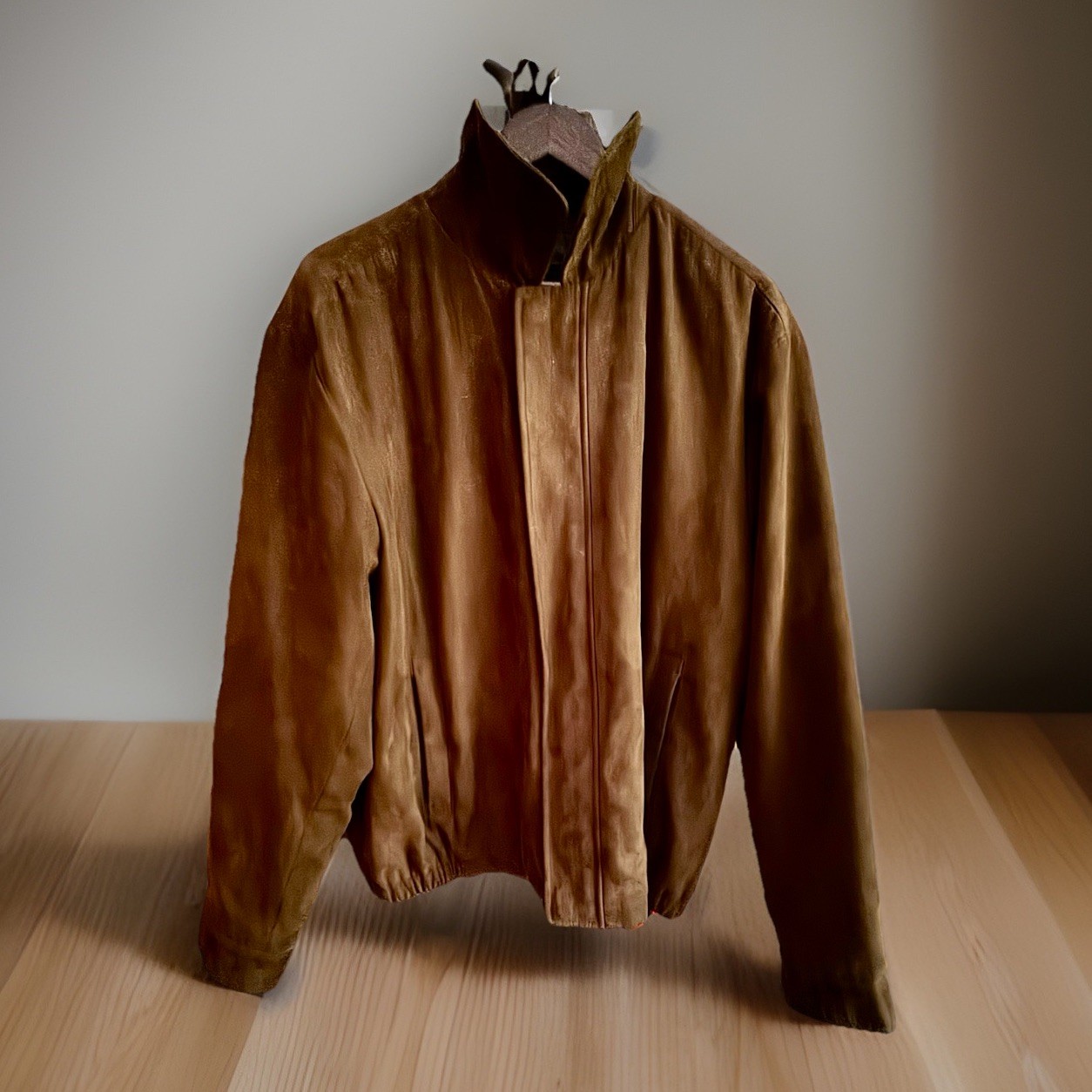 Perry Ellis Portfolio Microsuede Full Zip Bomber Jacket Mens Size L Tabacco New