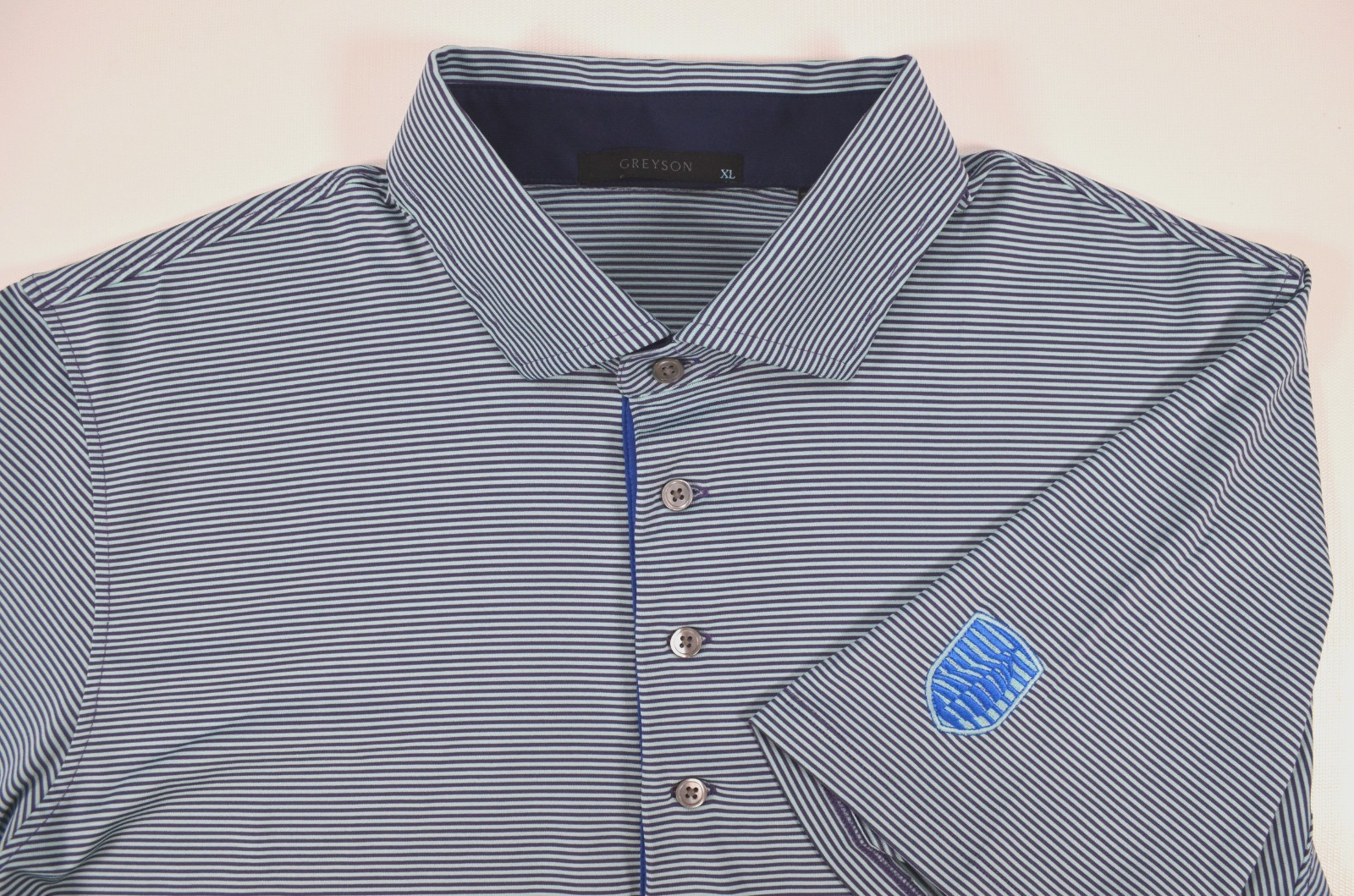 Greyson Performance Polo Shirt Mens XL Lt Teal Green & Navy Blue Stripes