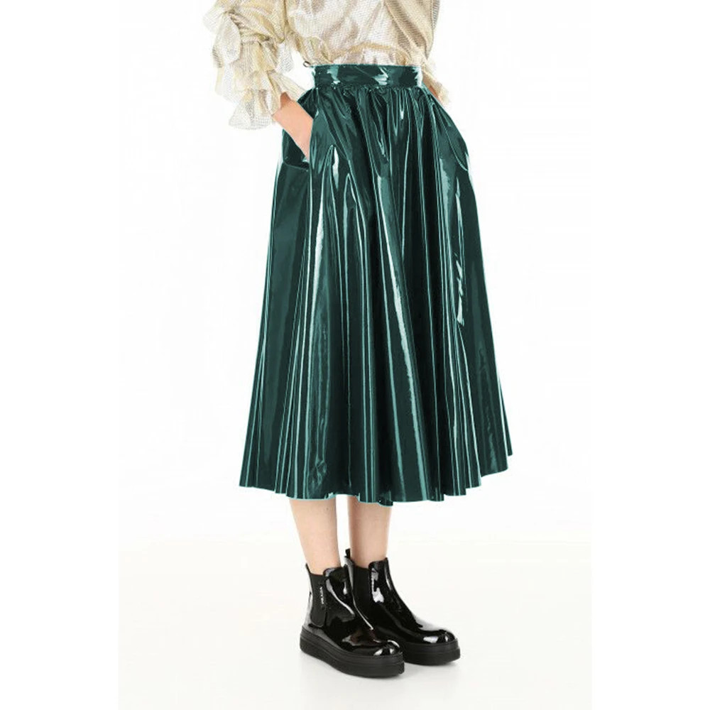 Vinyl PVC Leather Midi Skirts Casual Fashion Female High Waist A-line Skirt