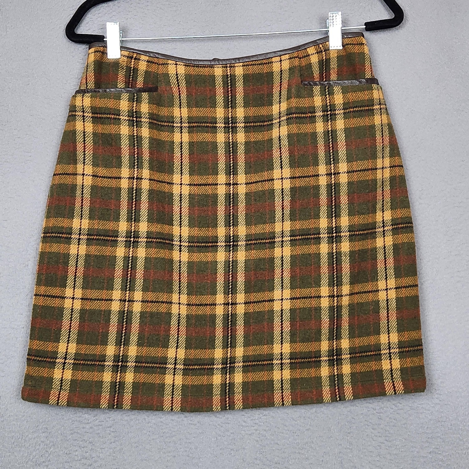 Casual Corner Skirt Womens 10 Brown Green Plaid Wool Blend Lined Zip Pockets