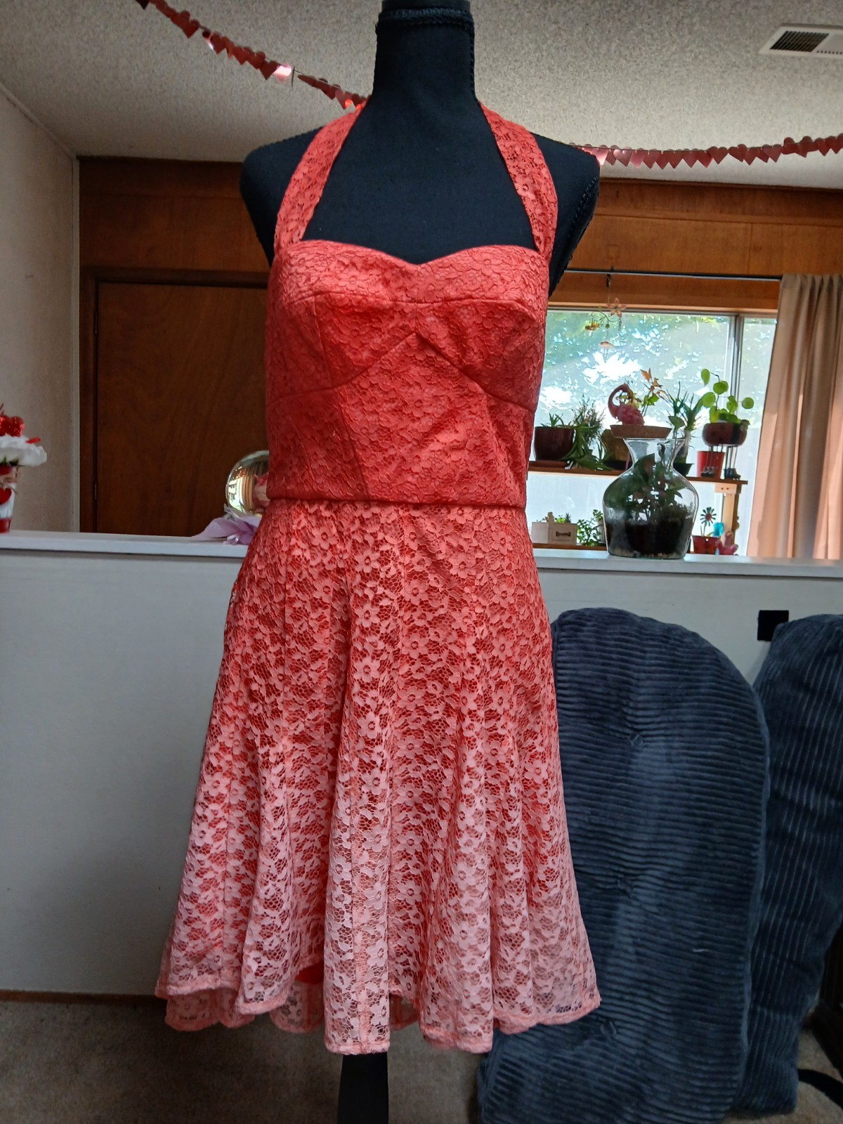 Betsey Johnson Womens 8 Coral/Pink Lace Halter Sweetheart Fit & Flare Dress