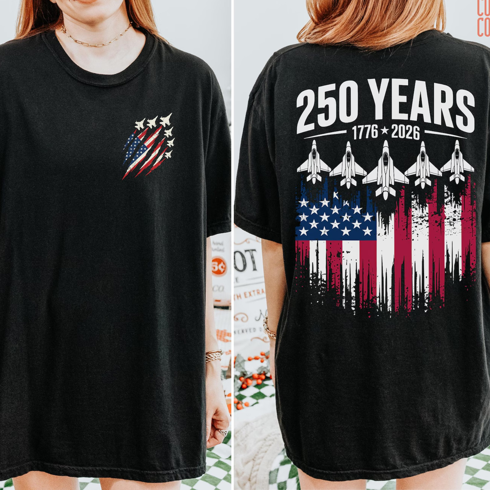 Front & Back Print Patriotic Jet Shirt, 4th of July Shirt, 250 Years of Freedom