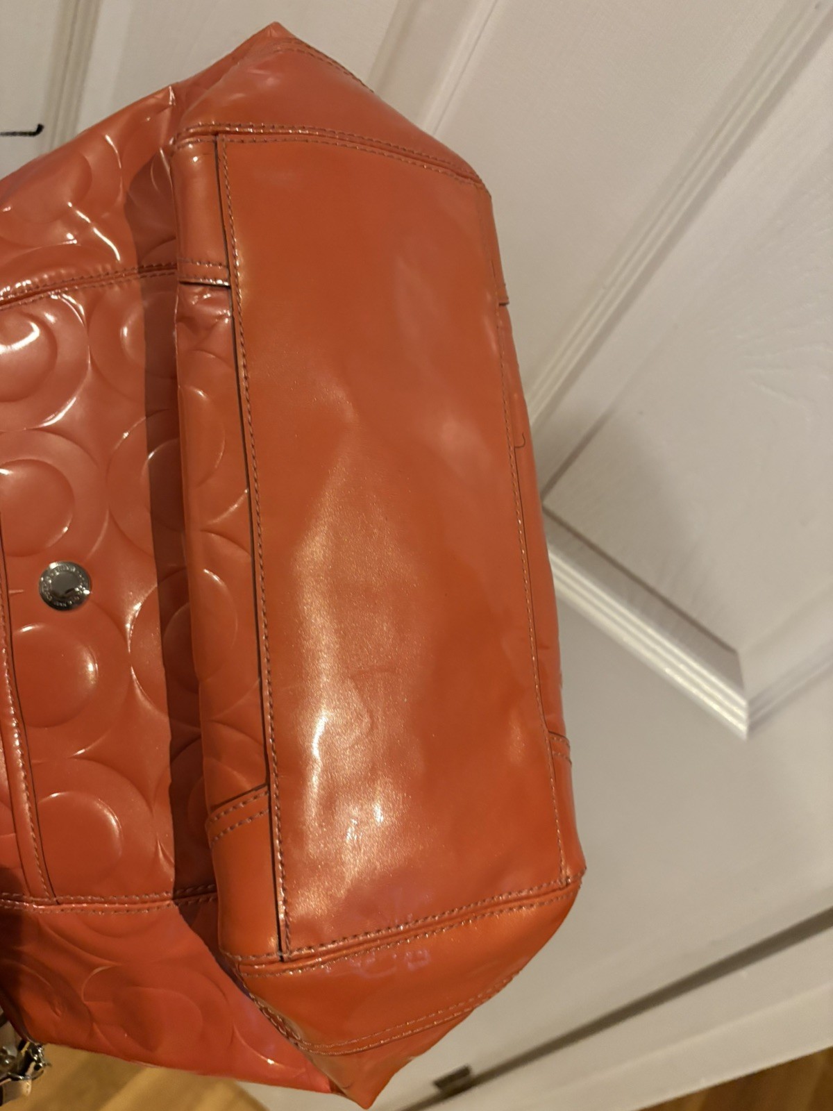 Coach Signature Embossed Leah Orange Patent Leather Tote Shoulder Handbag F14662