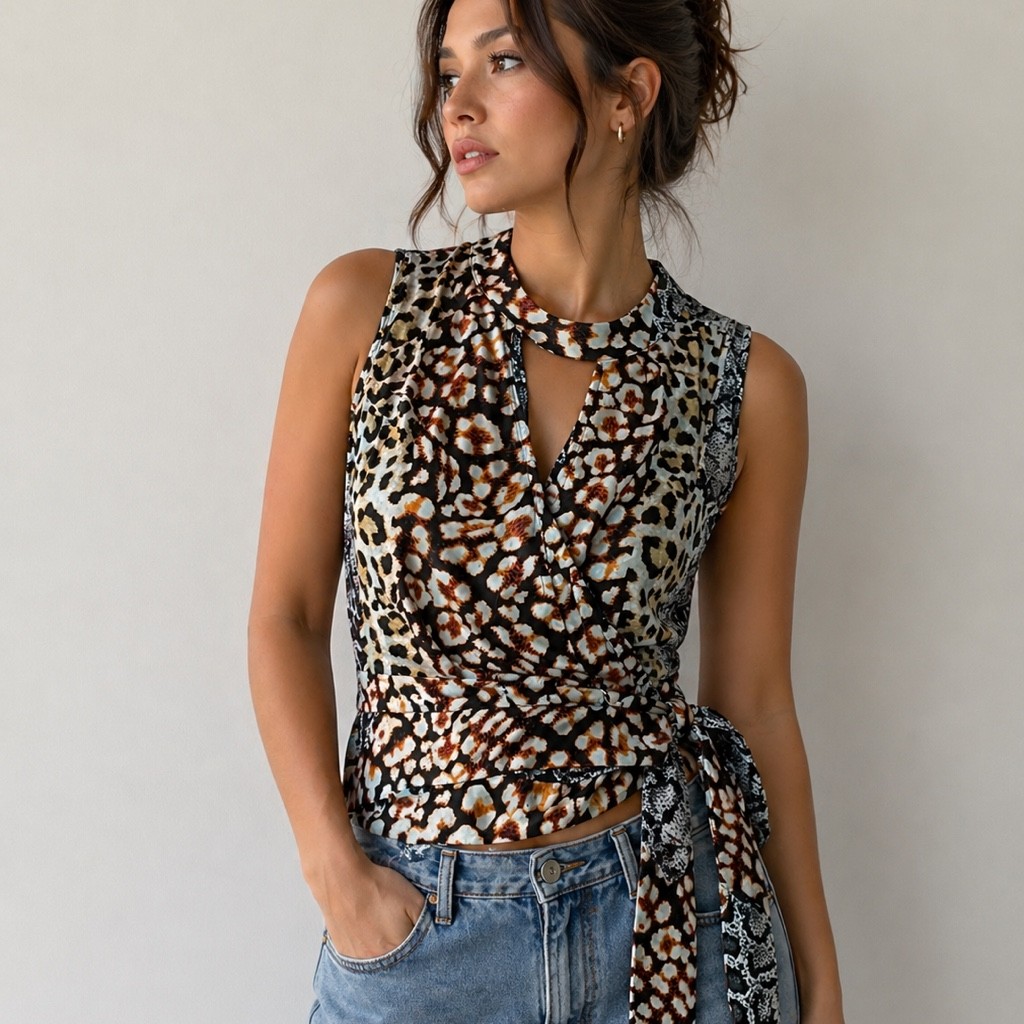 Women’s Animal Print Wrap Blouse – Sleeveless Tie Waist Top