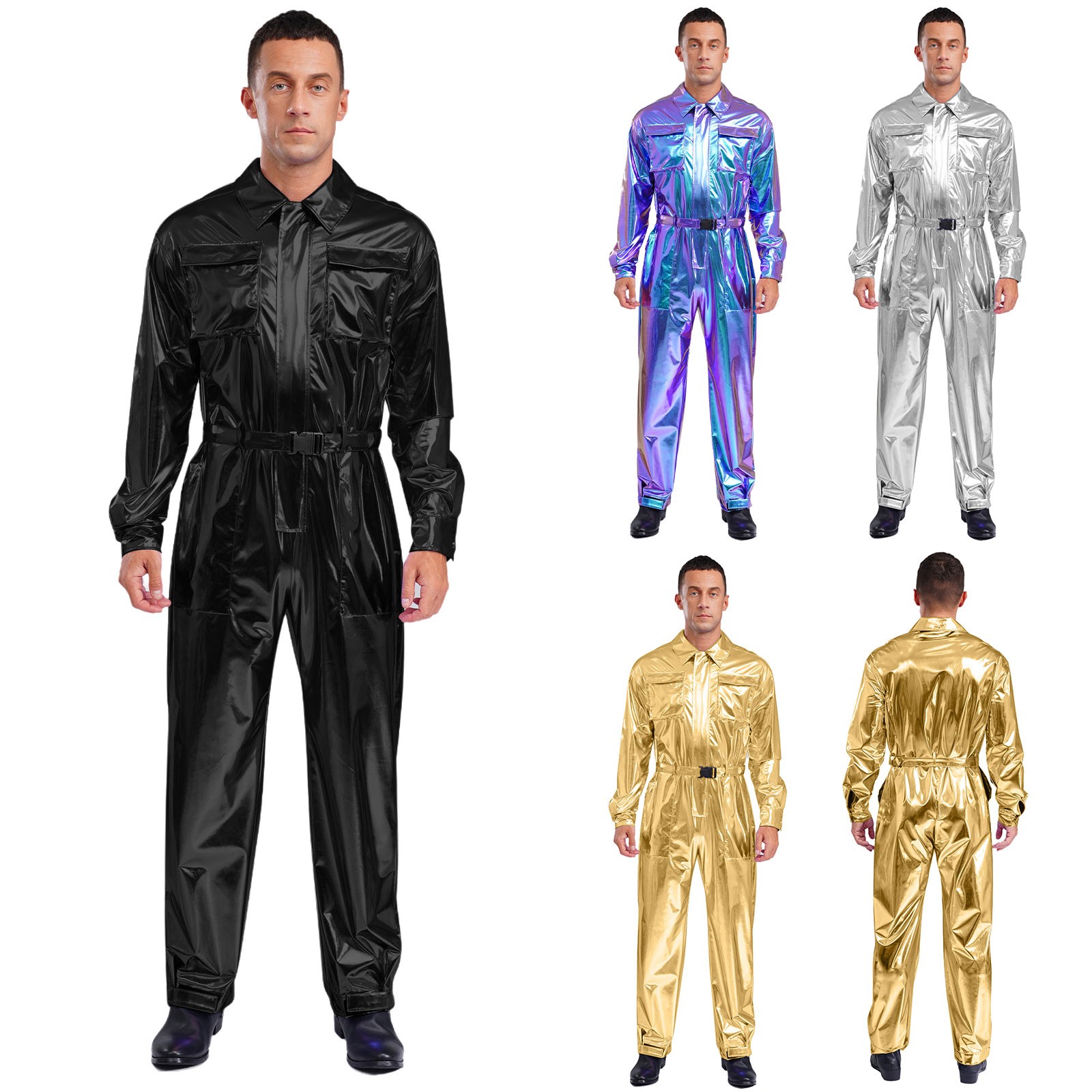 US Mens Shiny Metallic Overalls Turn-down Collar Long Sleeves Jumpsuit Clubwear