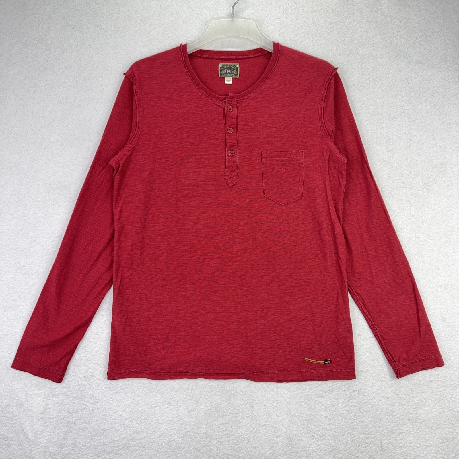 Diesel Co Men’s Knit Henley T-Shirt L Red Chest Pocket 3 Button Placket