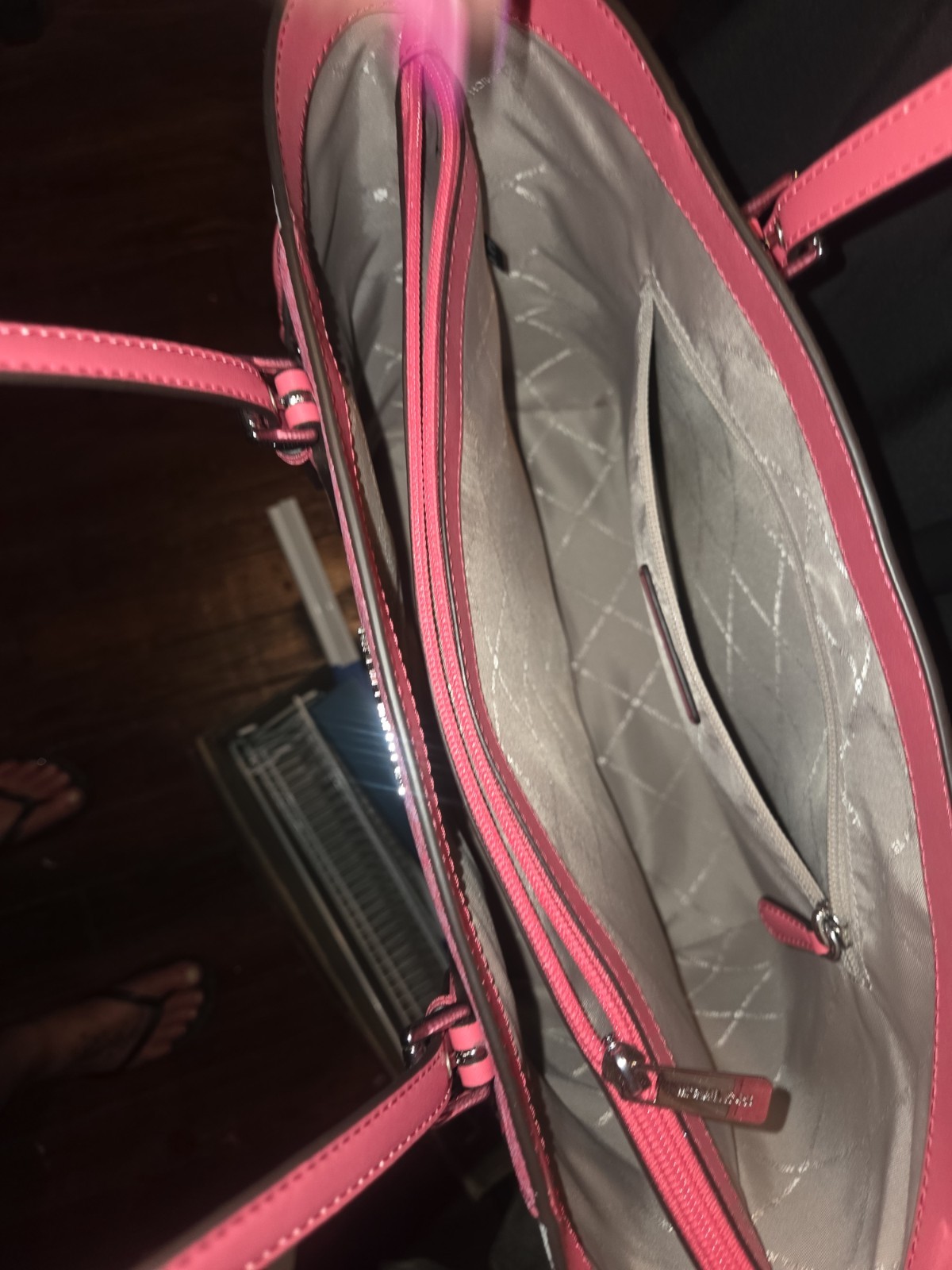 Michael Kors Pink Monogram Tote Bag Zip Closure Double Handles, Lined Pockets