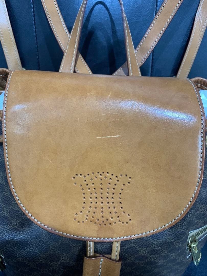 CELINE Macadam Triomphe Perforated Backpack Auth Brown Camel Leather Mini bag