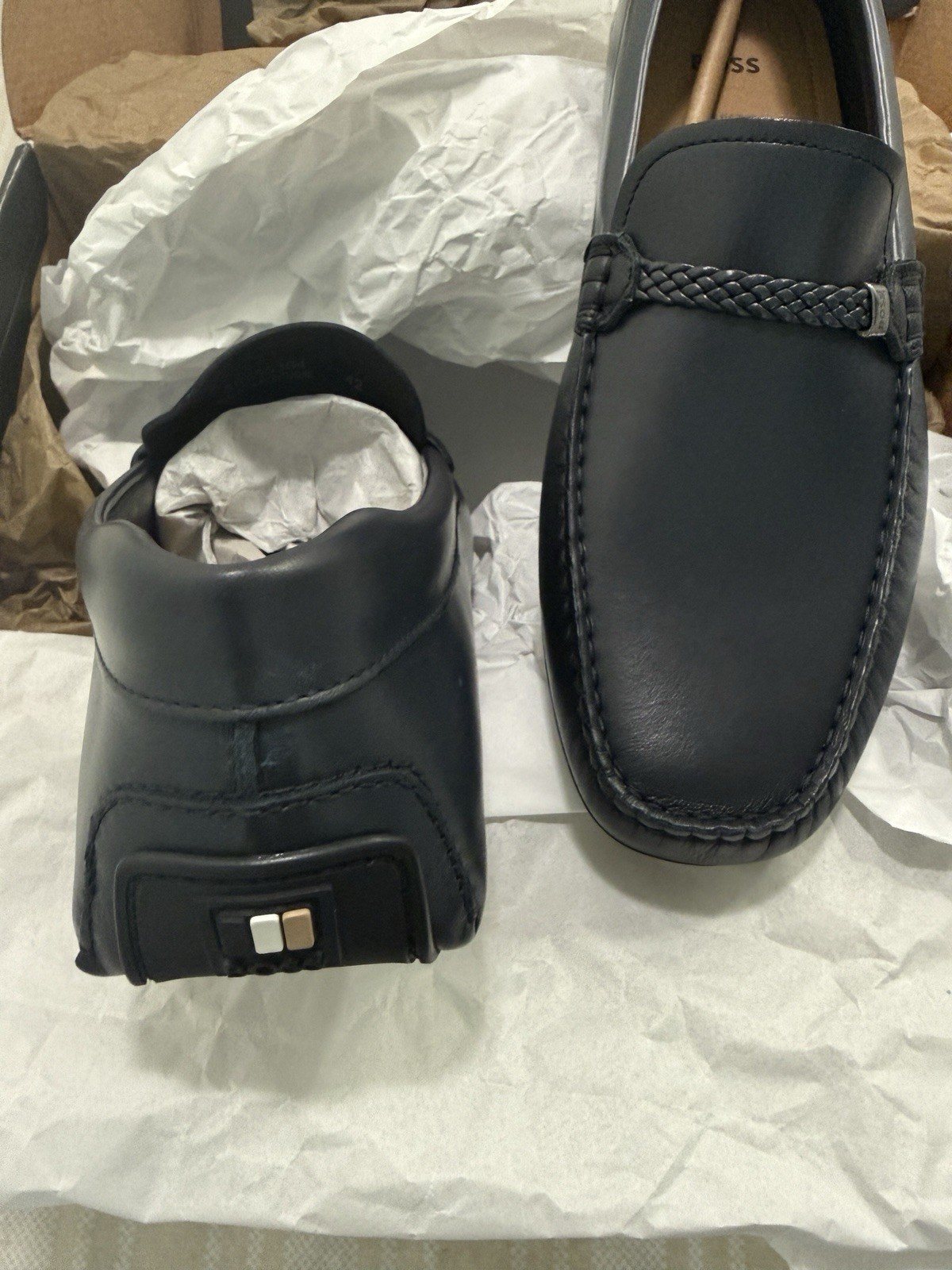 Hugo Boss Men’s Moccasins Navy Blue Leather In Size 42 Europe Made with Box New