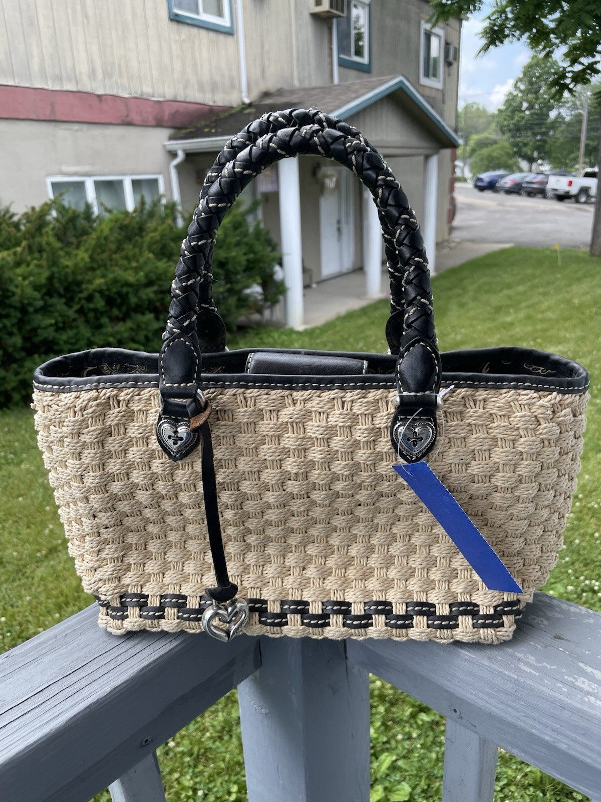 Brighton Black/Tan Woven Straw Look Tote Braided Leather Handles Heart Hardware
