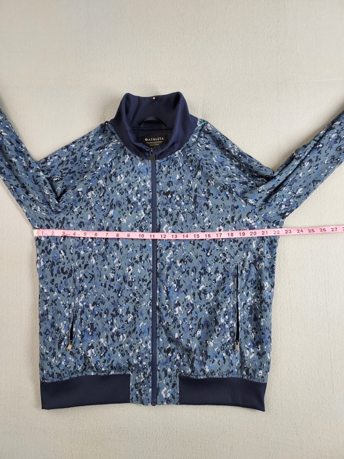 Athleta Women Bomber Jacket L Blue Cano Full Zip High Neck Pockets Outerwear