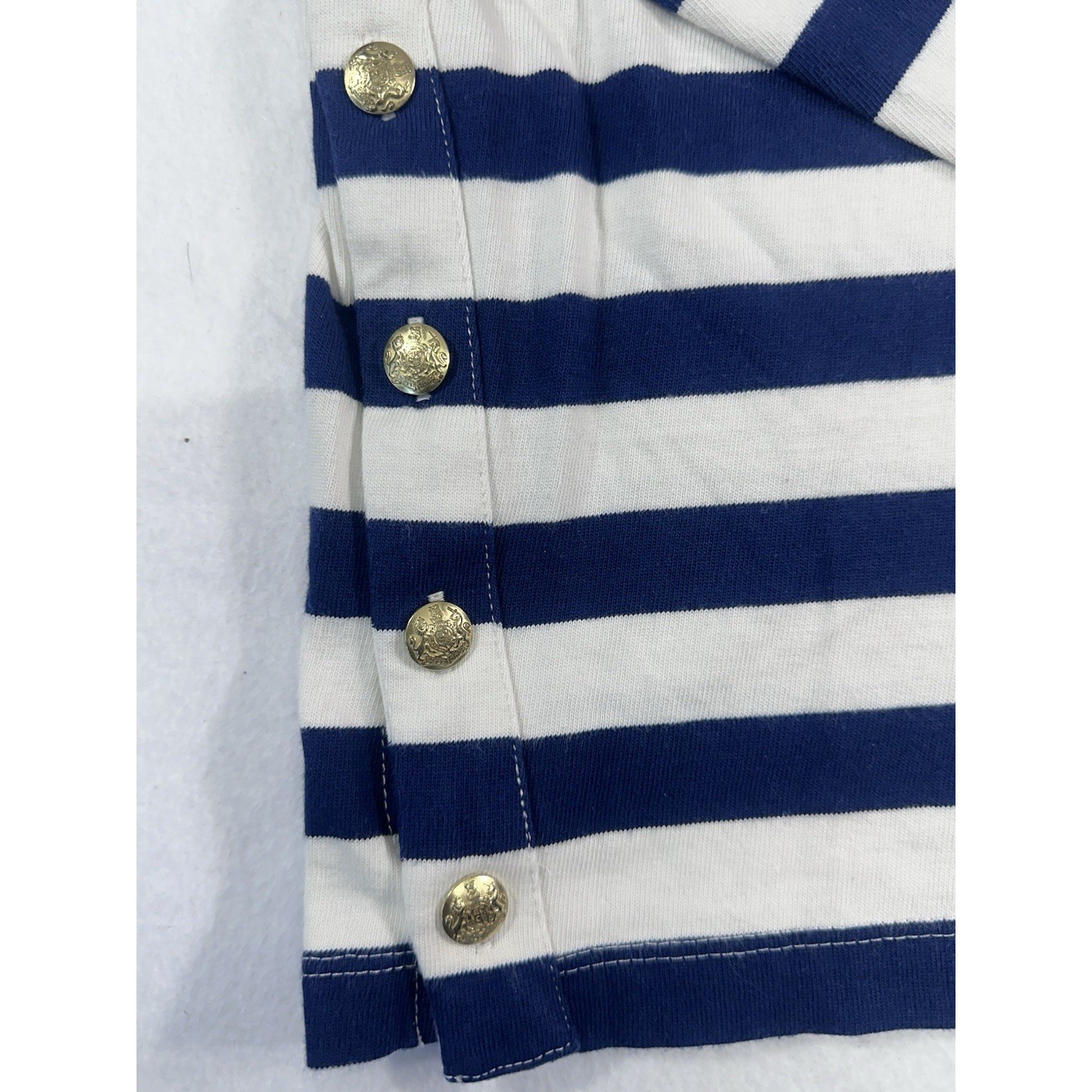 J. Crew Sailor Stripe Boatneck T-Shirt M Navy Blue White Gold Button Hem SP24