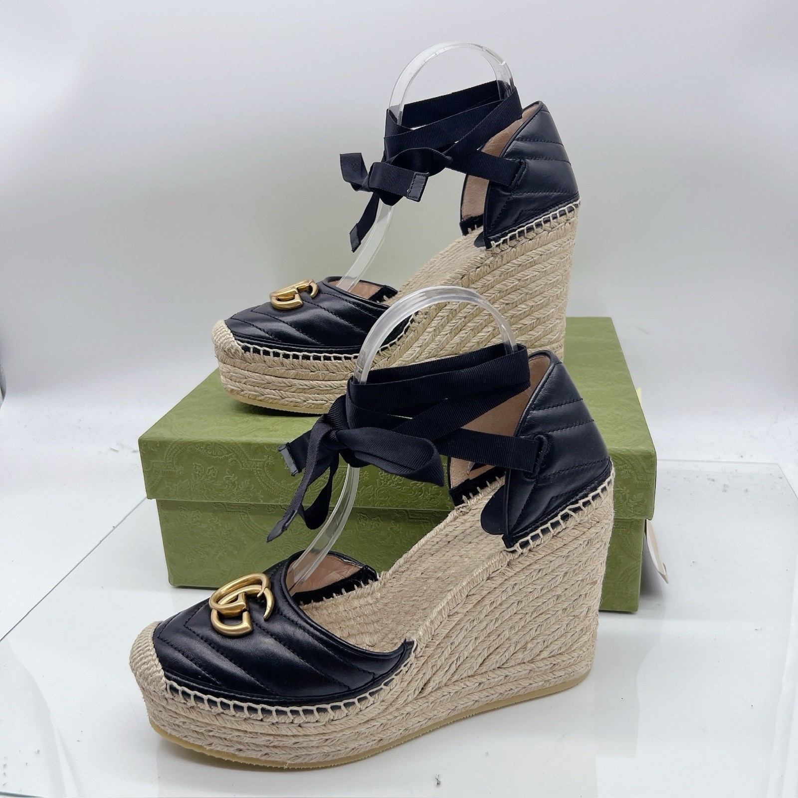 Gucci GG Marmont Platform MATELASSÉ Wedge Heels Espadrille Black Leather EU 40.5