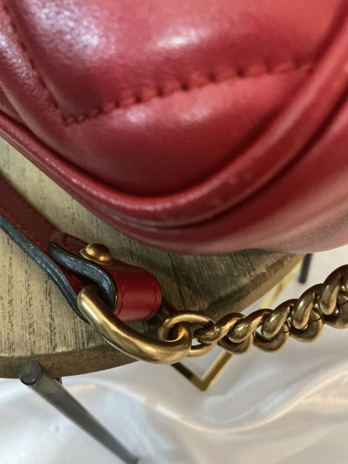Authentic Gucci GG Marmont 2.0 Red Leather Chevron Camera Crossbody w COA