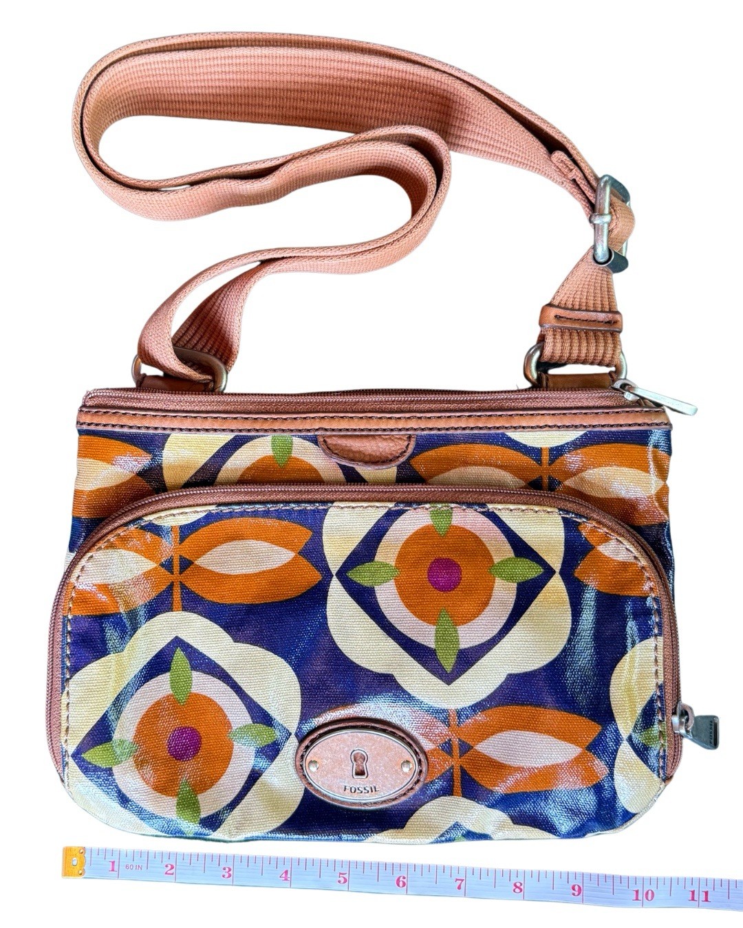 Fossil Key-Per Crossbody Bag Coated Canvas Navy Orange Floral Print Leather Trim