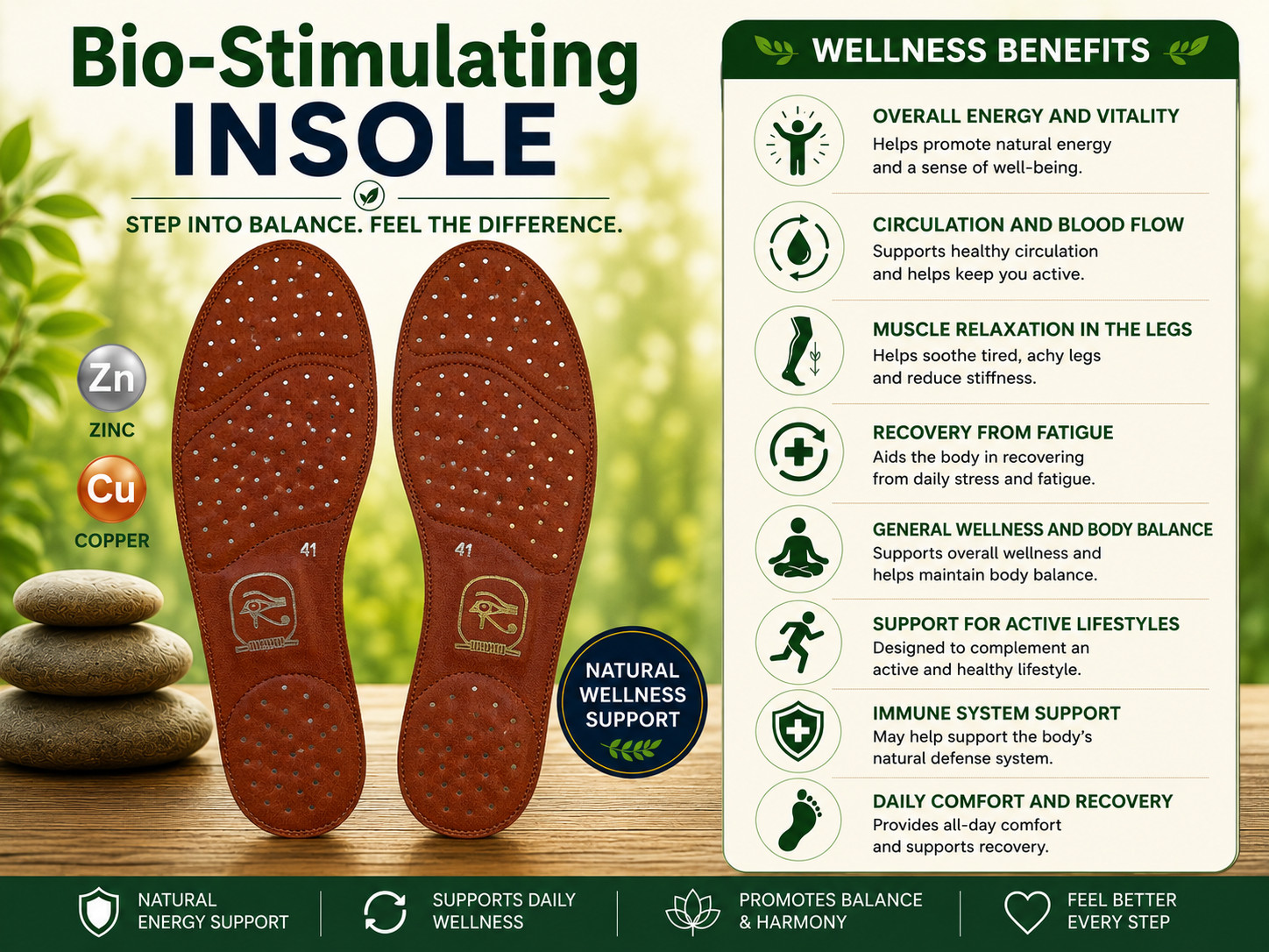 Bio-Stimulating Insoles Copper Zinc Energy Wellness Foot Support and Vitality