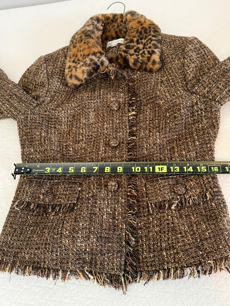 Methode Faux Fur Cheetah Leopard Brown Gold Tweed Fringe Blazer Jacket 4