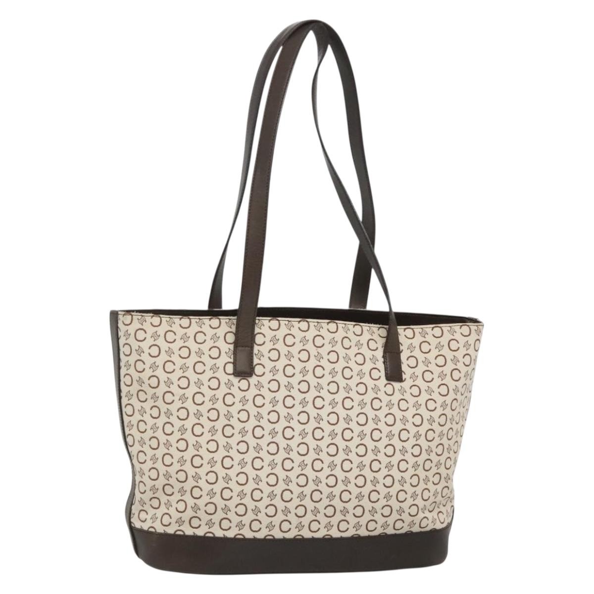 CELINE C Macadam Canvas Tote Bag Gold White Auth ep9987