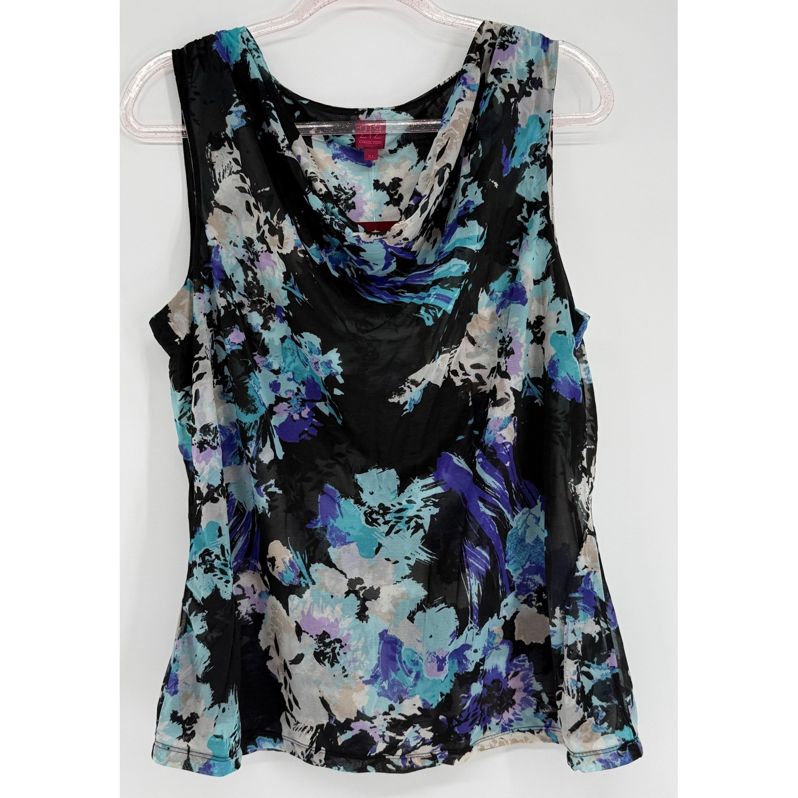 212 Collection Womens Floral Cowl Neck Sleeveless Tank Top Blue Black Sz XL