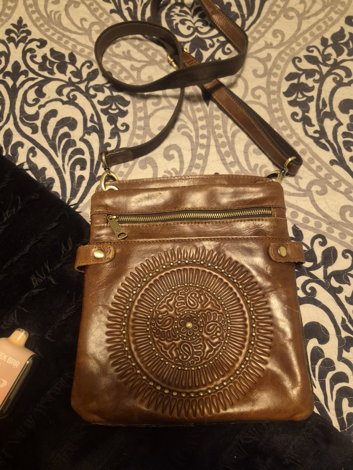 Patricia Nash Brown Small Crossbody Bag Embossed Front Zip & Magnetic Closure