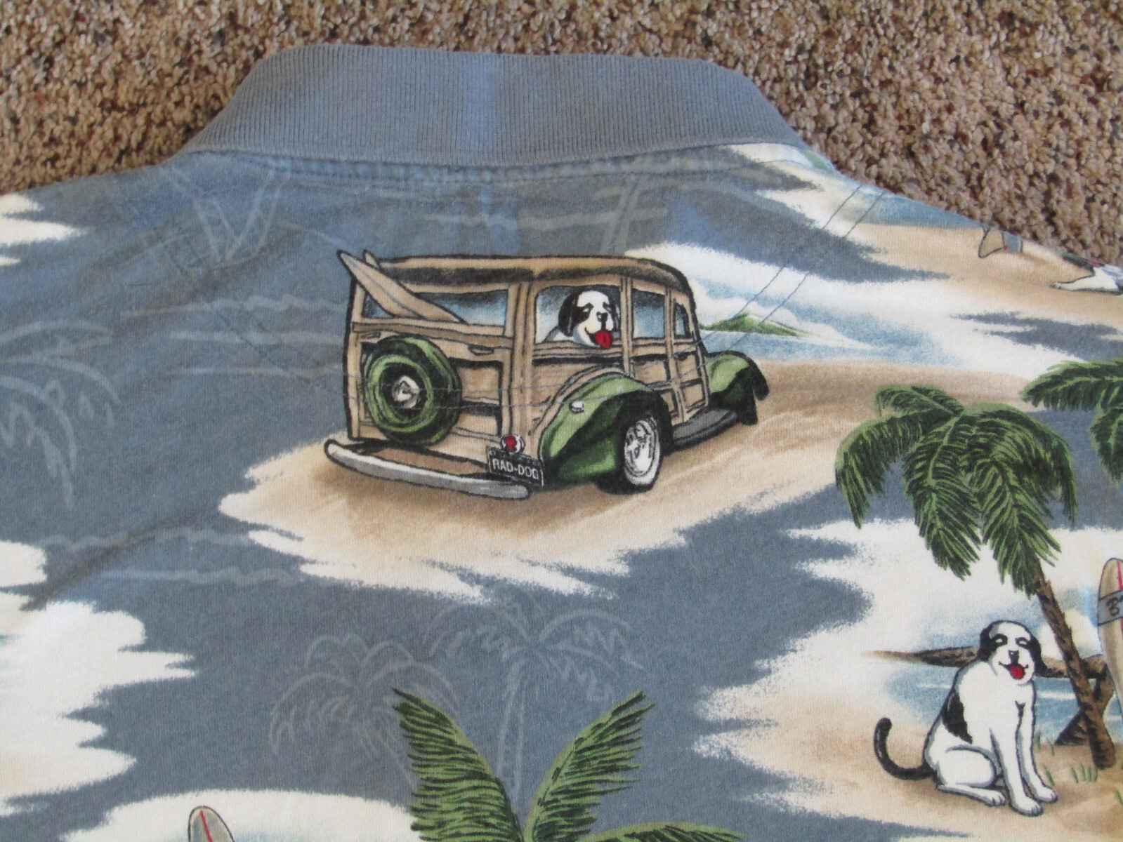 BIG DOG ALL OVER PRINT POLO SHIRT HAWAIIAN TROPICAL ISLAND WOODIE SURFER MENS L