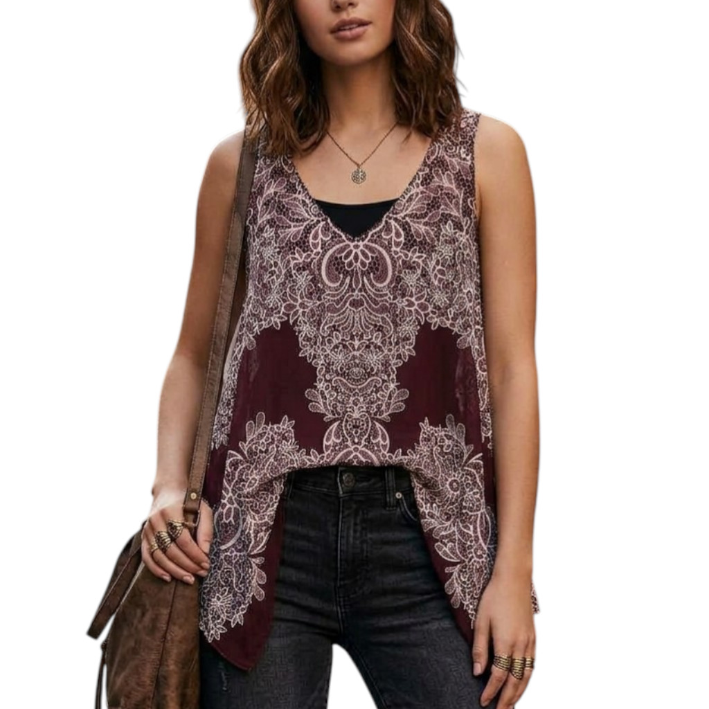 Boho Asymmetrical Tank Top M Sheer Burgundy Flowy Whimsigoth Dark Romance Layer