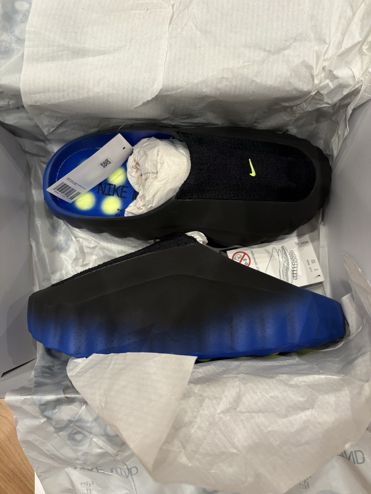 IN HAND Nike Mind Slide 001 Flyknit Hyper Royal Black Size 11 *BRAND NEW*