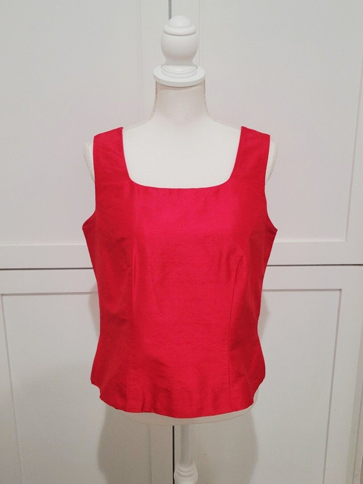 100% Thai Silk Red Square Neck Tank Sleeveless Blouse | Size Large/XL