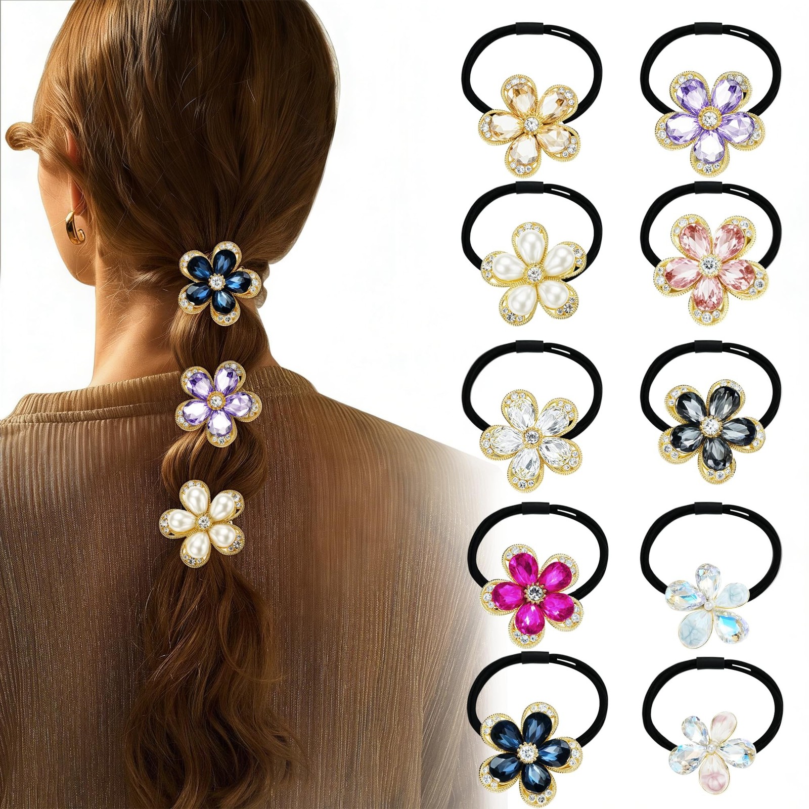 CWJCYTNSN 10 Pcs Flower Hair Cuff Ponytail Holders Black Elastic Hair Ties fo…