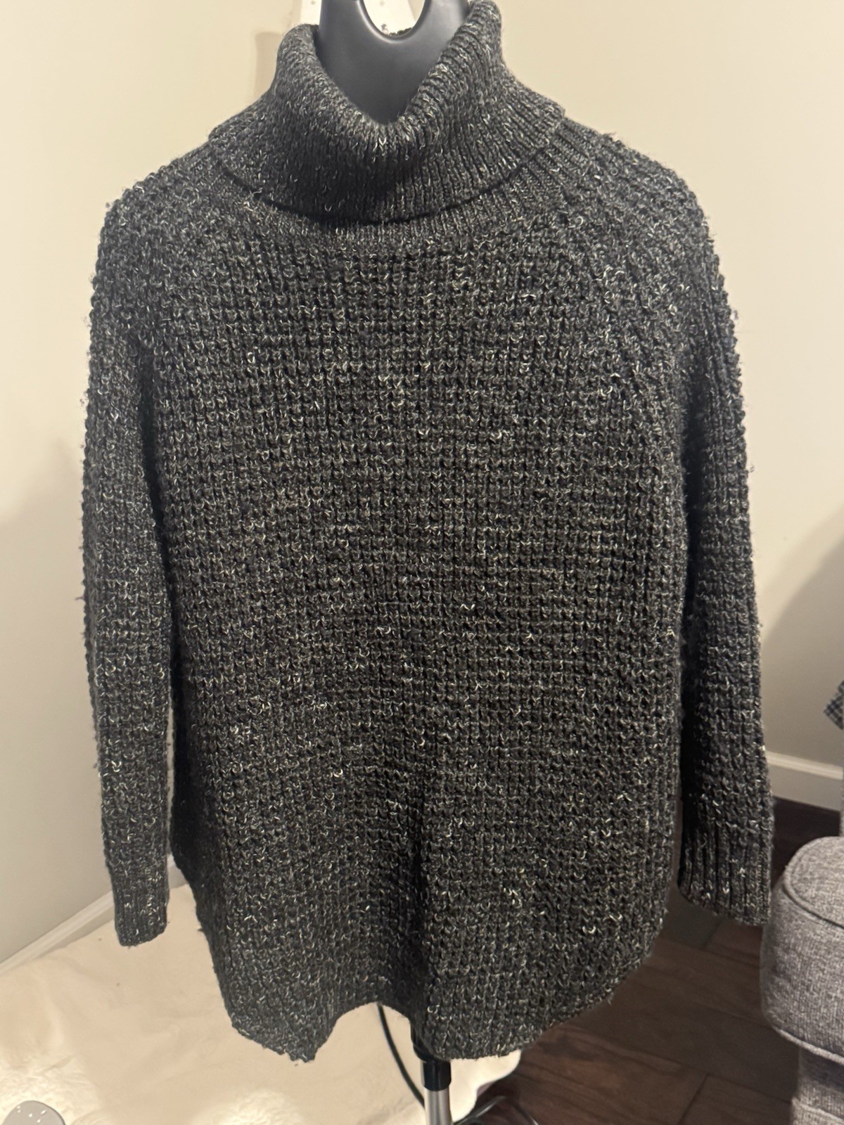 Free People Women’s Gray Chunky-Knit Turtleneck Pullover Sweater One Size
