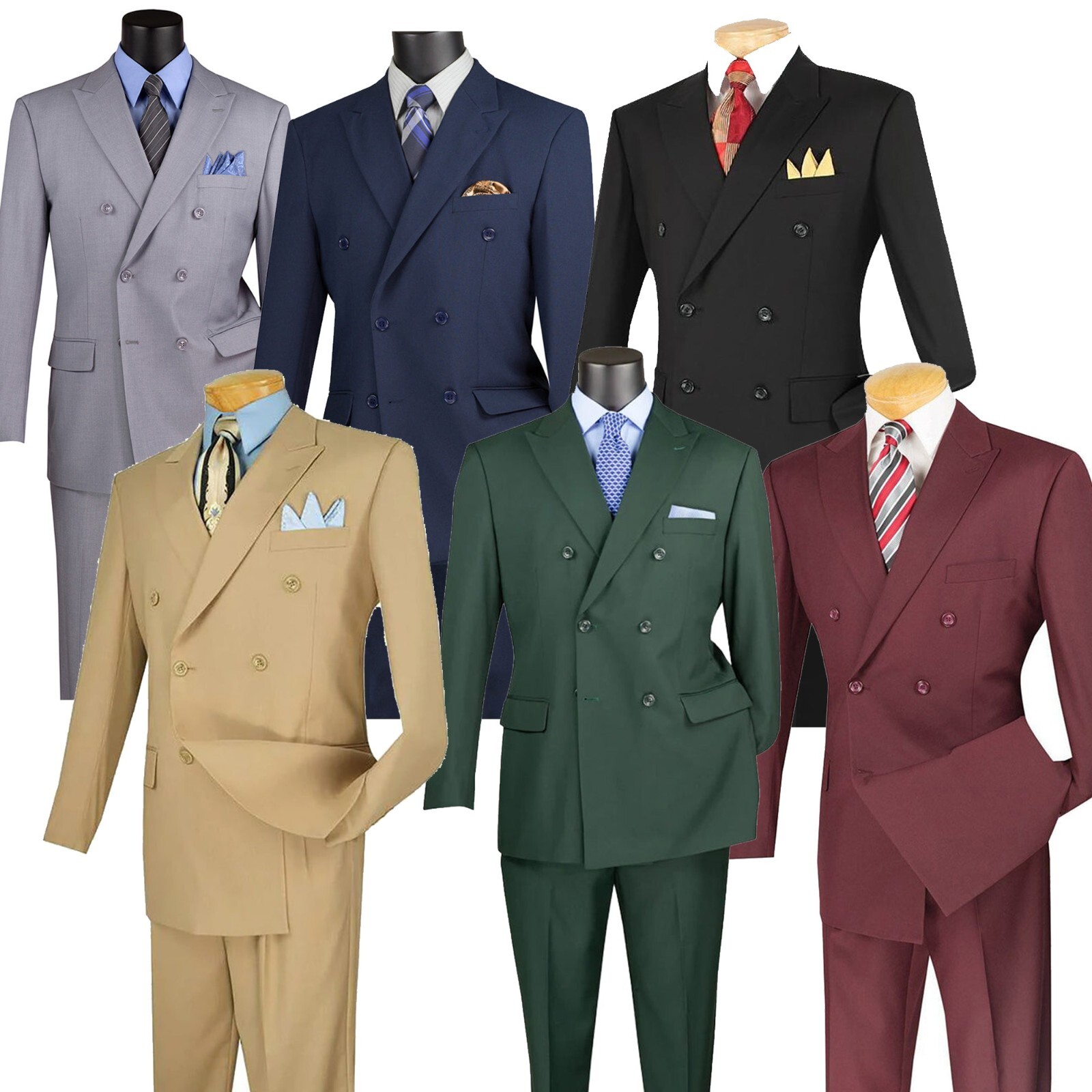 Vinci Men Navy Solid Color Double Breasted Regular Fit Suit Elastic Waist