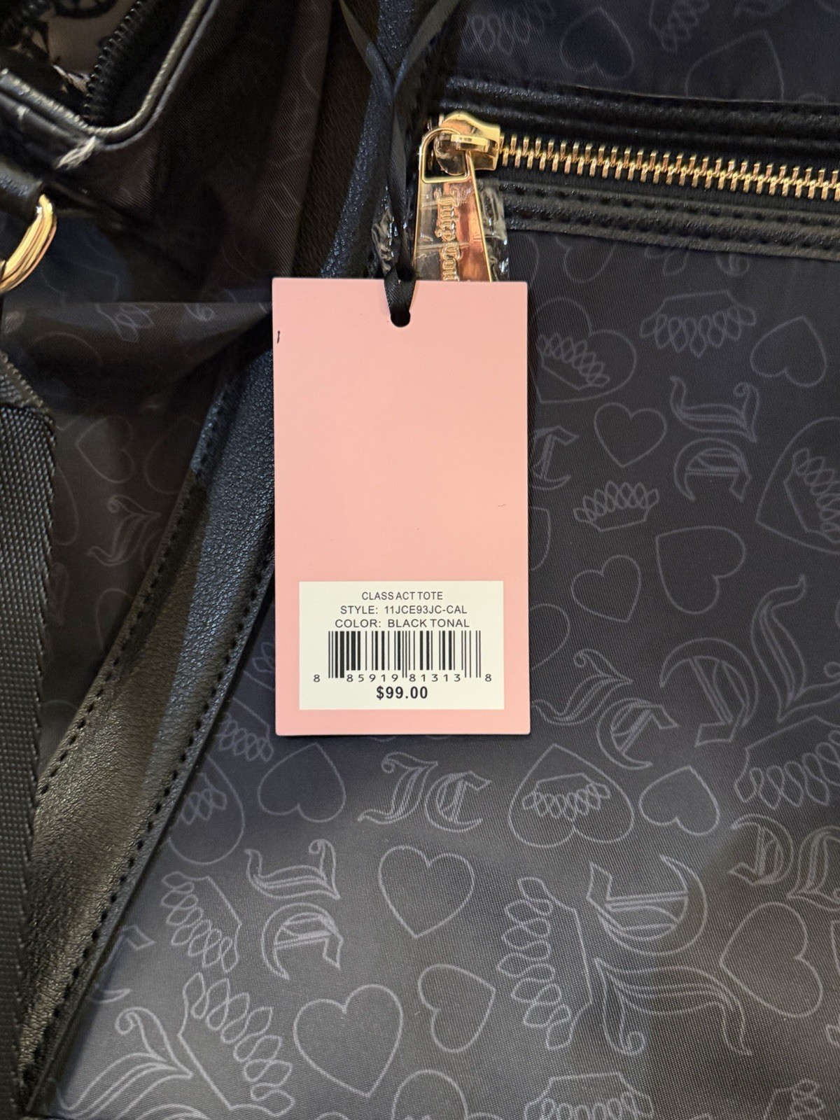 Juicy Couture Black Tonal Logo Large Tote Bag Zip Detachable Strap